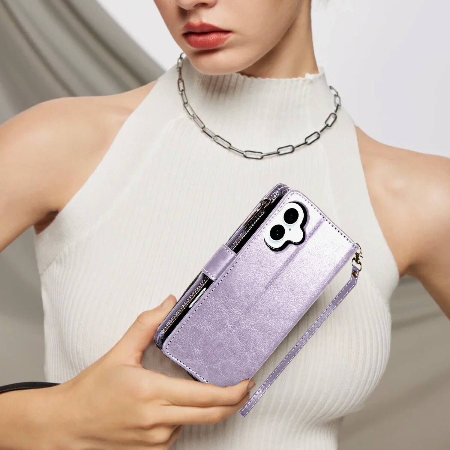 Alt View 7. Equipd - Phone Case for iPhone 16 6.1", Luxury Wallet Card ID Zipper Money Holder Cover (Lavender) - Lavender.