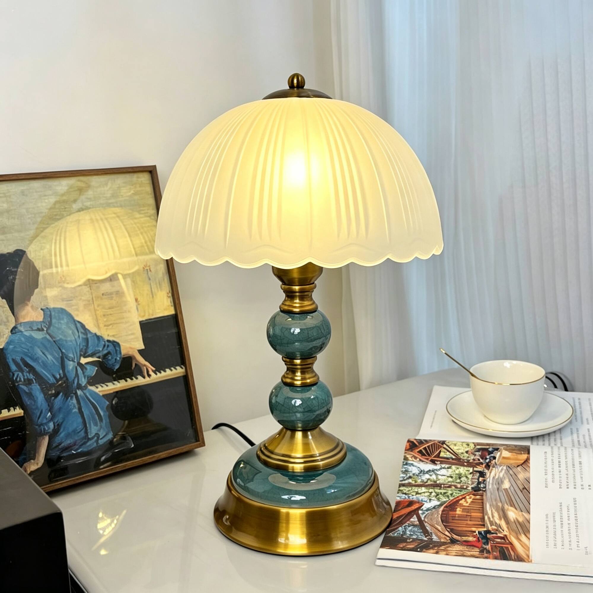 Back. partphoner - 13in Vintage Green Crackle Ceramic Table Lamp - Green.
