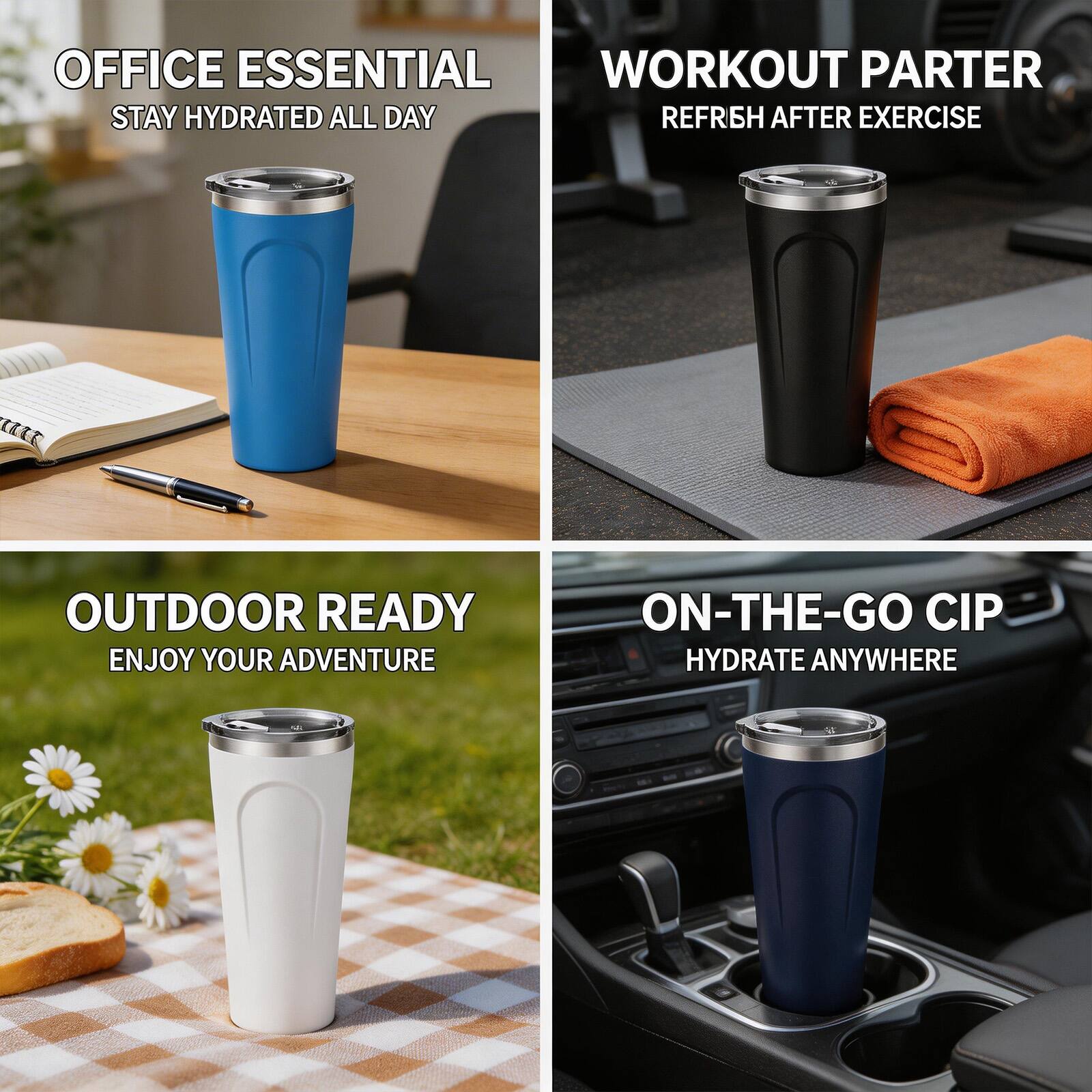 OFFICE ESSENTIAL  
STAY HYDRATED ALL DAY  

WORKOUT PARTNER  
REFRESH AFTER EXERCISE  

OUTDOOR READY  
ENJOY YOUR ADVENTURE  

ON-THE-GO CUP  
HYDRATE ANYWHERE