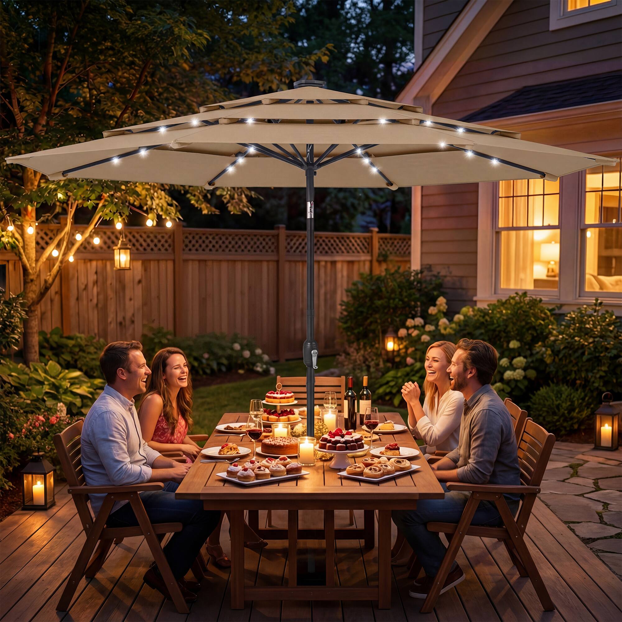 Alt View 1. Outsunny - ft Outdoor Patio Umbrella with Solar LED Lights, 3 Tier Outdoor Table Umbrella with Tilt - Khaki.