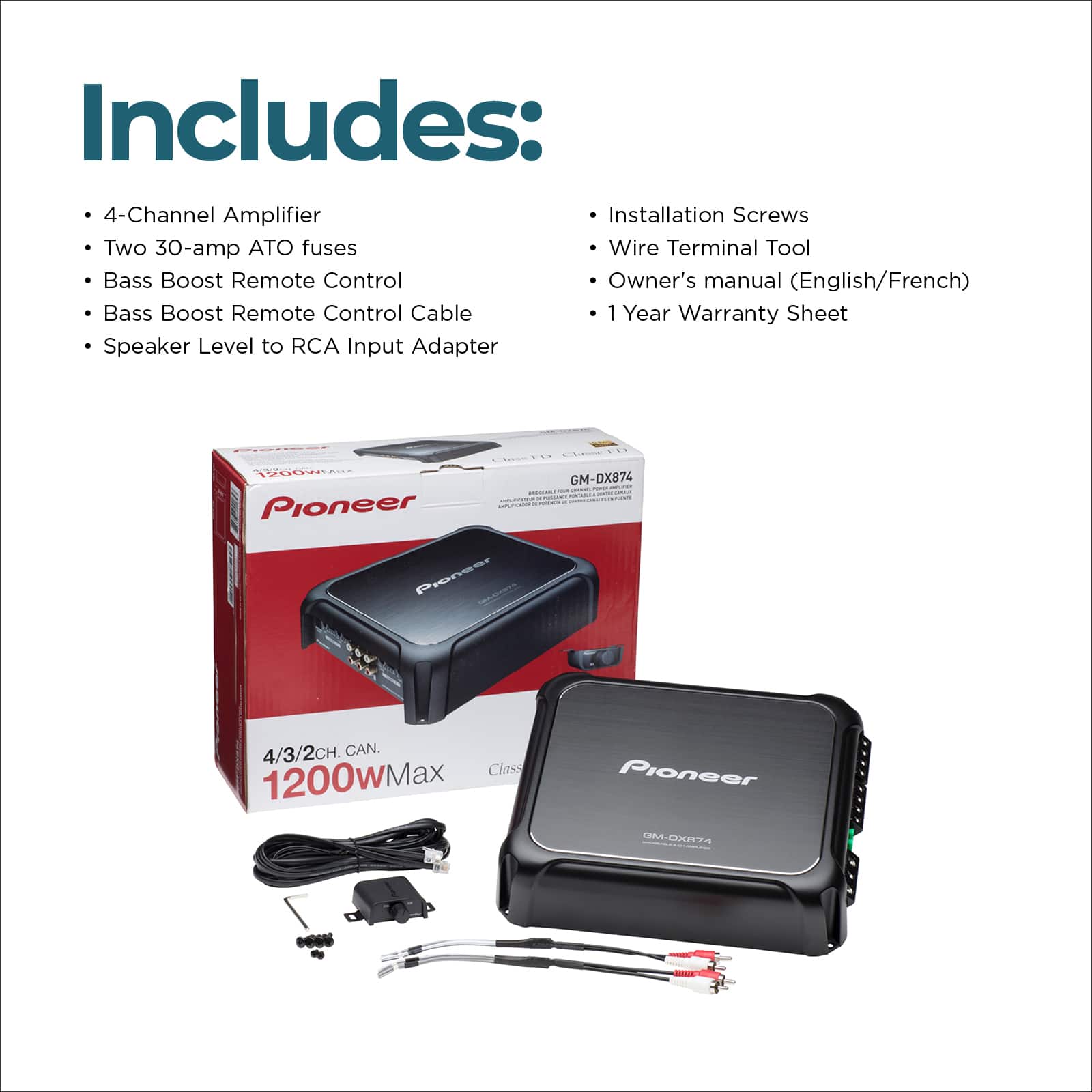 Includes: 4-Channel Amplifier, Installation Screws, Two 30-amp ATO fuses, Wire Terminal Tool, Bass Boost Remote Control, Owner's manual (English/French), Bass Boost Remote Control Cable, 1 Year Warranty Sheet, Speaker Level to RCA Input Adapter, 190W Pioneer.