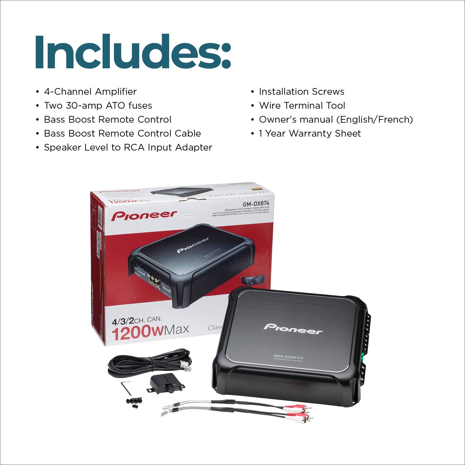 Includes: 4-Channel Amplifier, Installation Screws, Two 30-amp ATO fuses, Wire Terminal Tool, Bass Boost Remote Control, Owner's manual (English/French), Bass Boost Remote Control Cable, 1 Year Warranty Sheet, Speaker Level to RCA Input Adapter, 190W Pioneer.