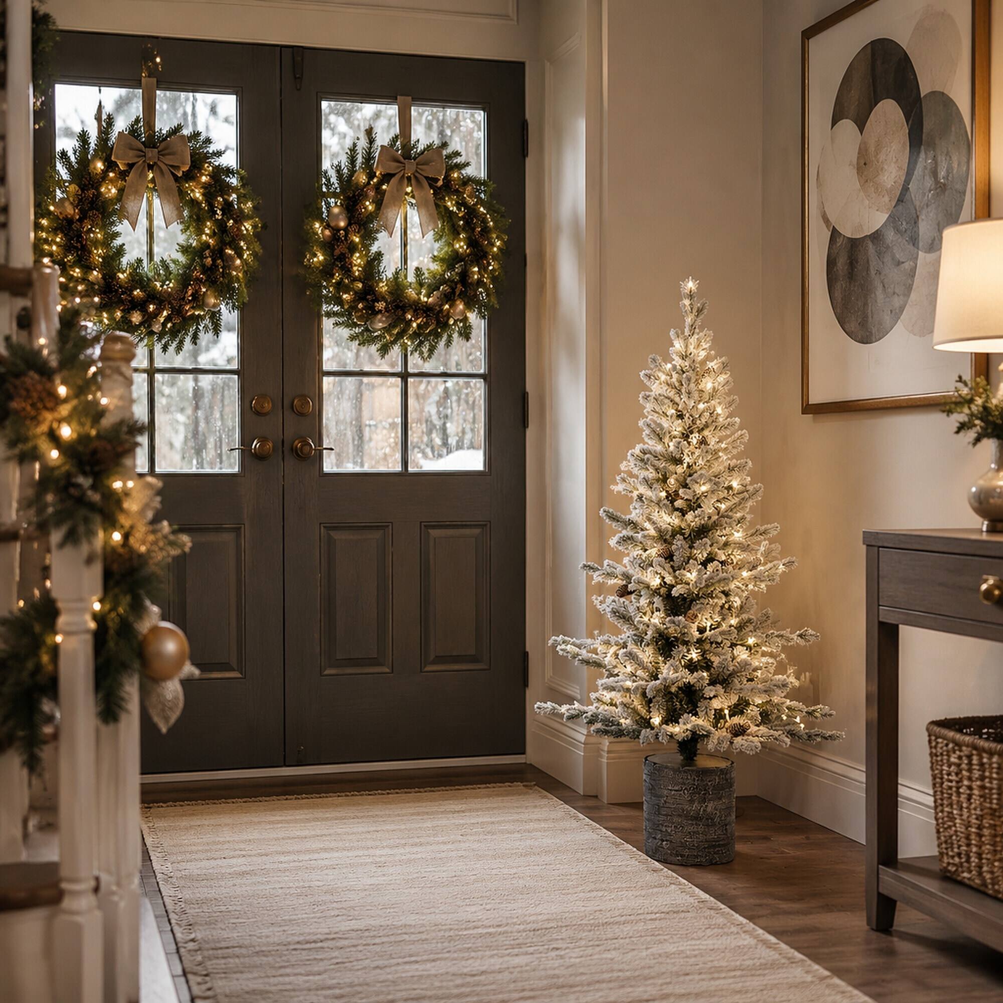 Alt View 2. RYHNUYNE - 2FT Mini Flocked Pre-Lit Christmas Tree, 30 Warm White LED Lights 189 Tips PE+PVC 3 Pine Cones Pot Base Tabletop - White+Green.