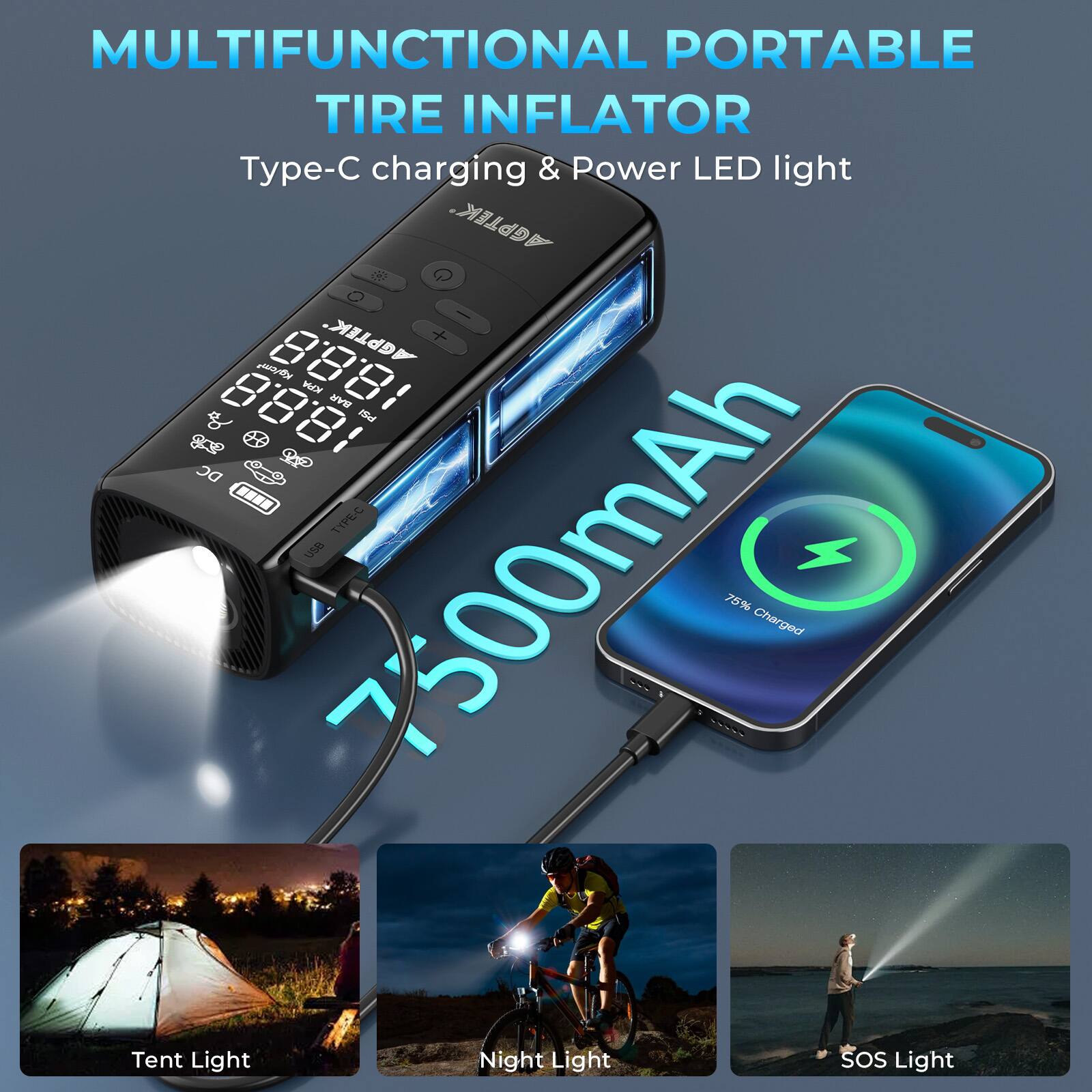 MULTIFUNCTIONAL PORTABLE TIRE INFLATOR Type-C charging & Power LED light AGPTEK' de Q - AGPTEK + 888  8881 Hor WY PSI .... TIPE-C use 7500mAh 75% Charged Tent Light Night Light SOS Light