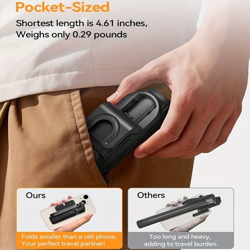 Pocket-Sized  
Shortest length is 4.61 inches,  
Weighs only 0.29 pounds  

Ours  
Folds smaller than a cell phone,  
Your perfect travel partner!  

Others  
Too long and heavy,  
adding to travel burden.