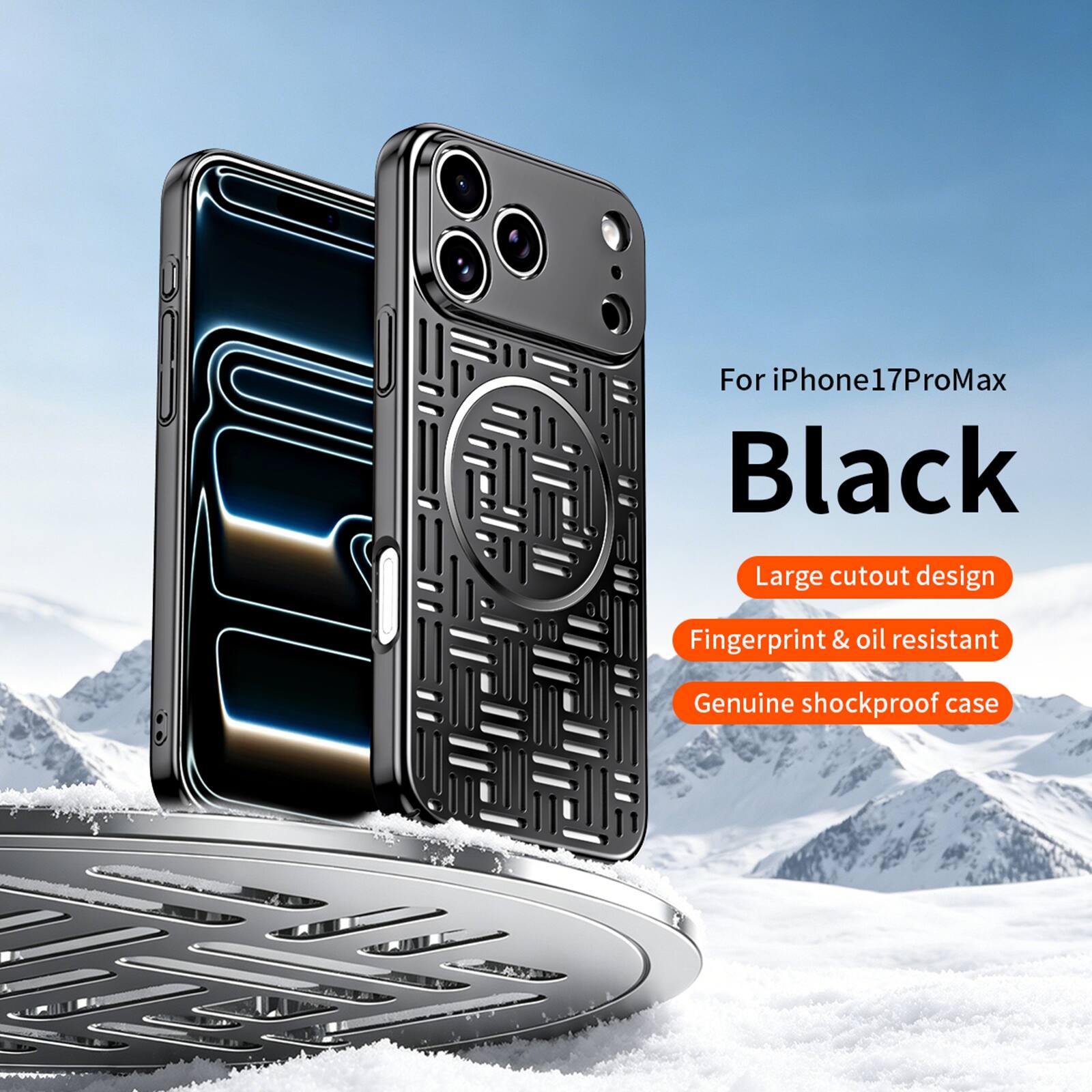 For iPhone 17 Pro Max  
Black  
Large cutout design  
Fingerprint & oil resistant  
Genuine shockproof case