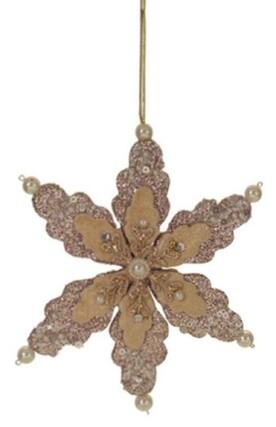 Front. Melrose - 6" Beige Glittered Snowflake with Pearls and Gems Christmas Ornament - Beige.