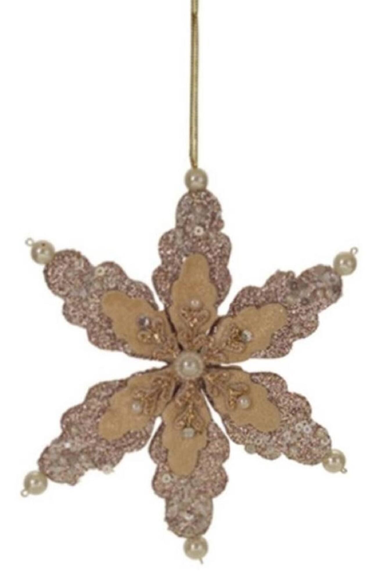 Front. Melrose - 6" Beige Glittered Snowflake with Pearls and Gems Christmas Ornament - Beige.
