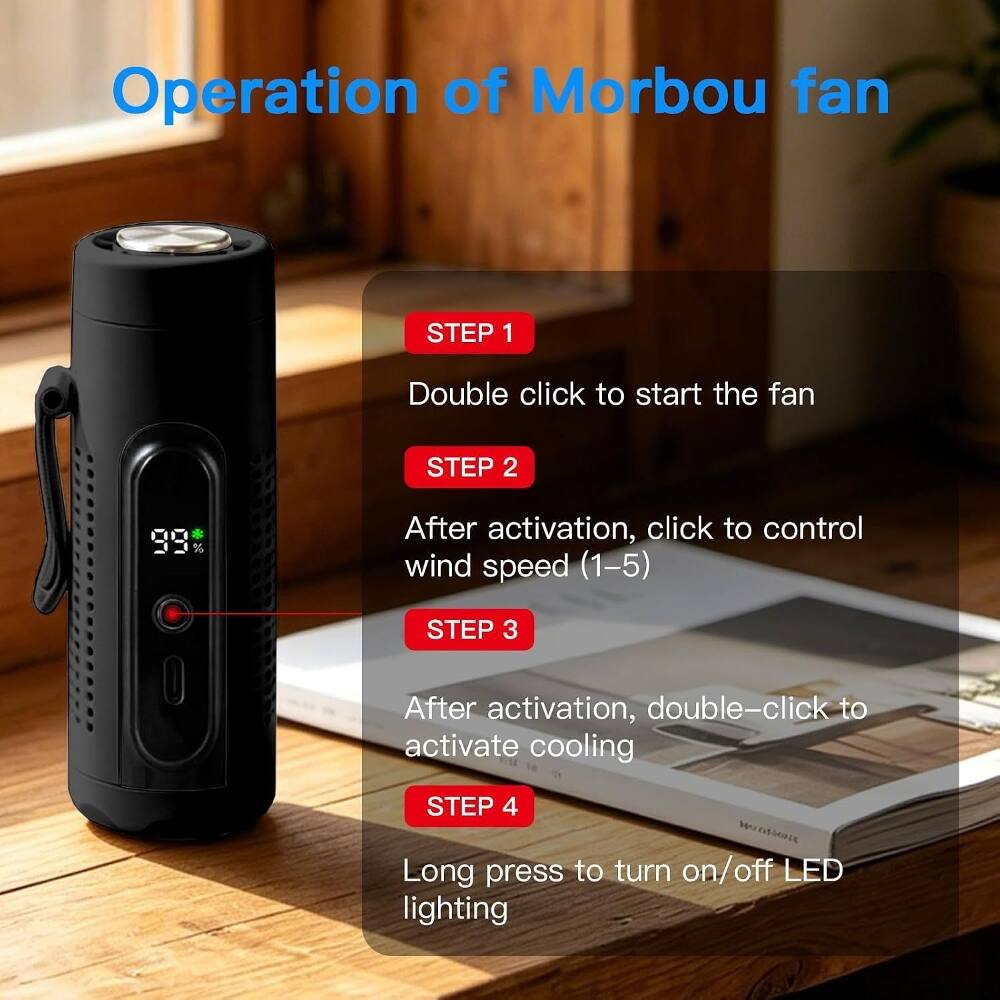 Operation of Morbou fan

STEP 1
Double click to start the fan

STEP 2
After activation, click to control wind speed (1-5)

STEP 3
After activation, double-click to activate cooling

STEP 4
Long press to turn on/off LED lighting