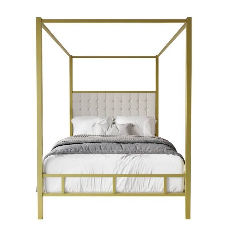 Left. Hivvago - King size Gold Metal Canopy Bed with Upholstered Button-Tufted Headboard - Gold.