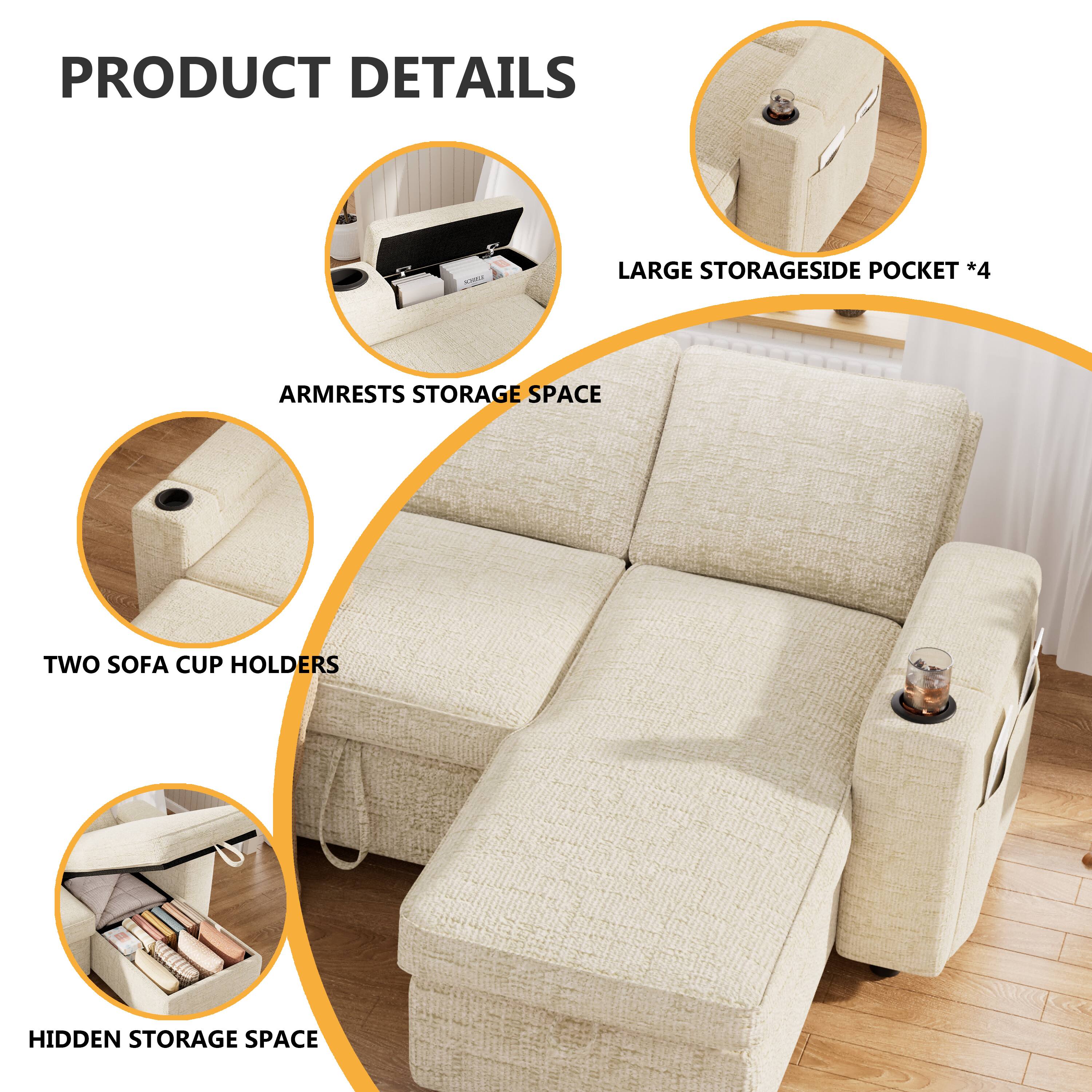 Left. Dyonery - Dyonery 81-inch foldable sofa with built-in cup holders, storage compartments on the armrests, Chenille, beige - Beige.