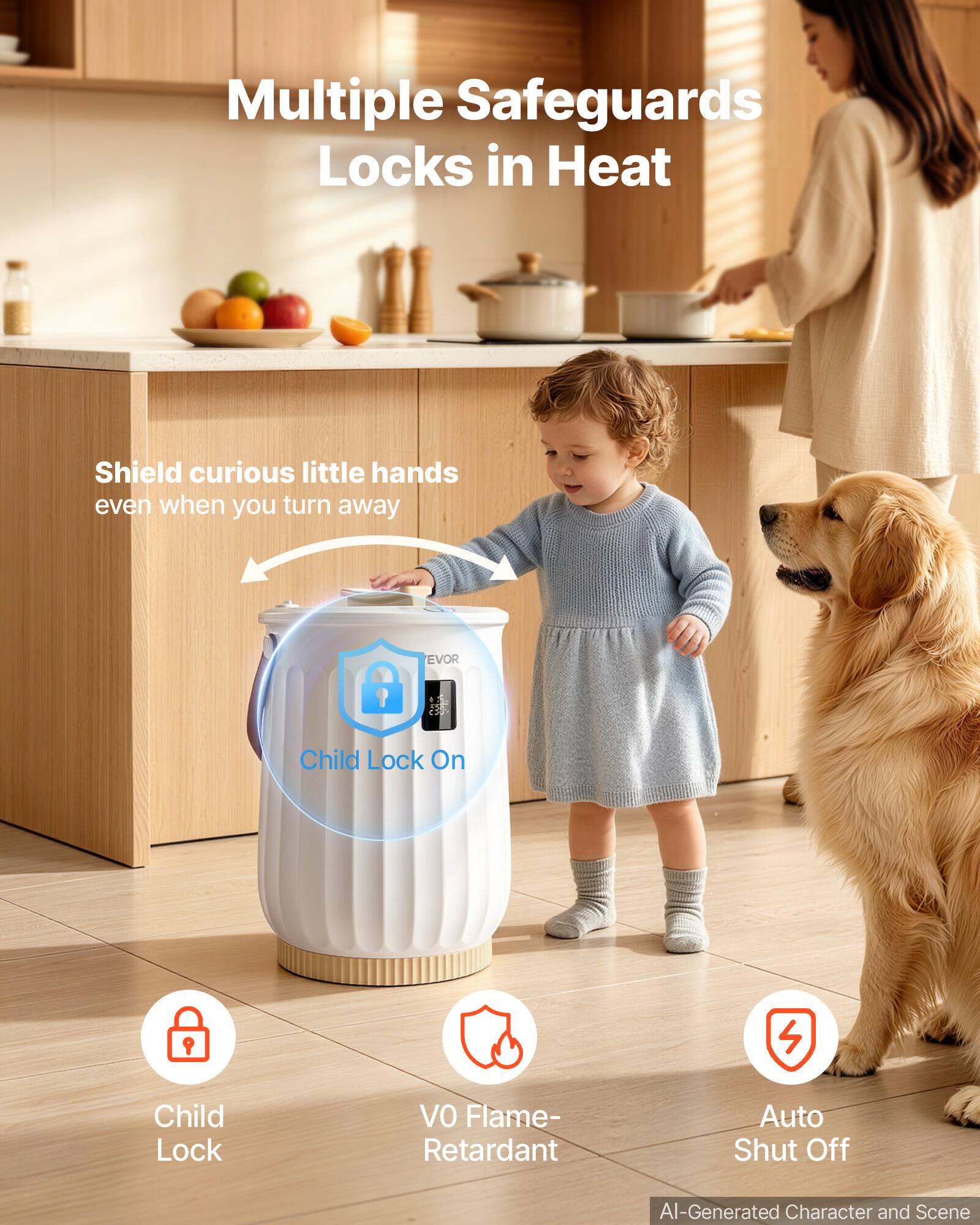 Multiple Safeguards Locks in Heat

Shield curious little hands even when you turn away

Child Lock On

Child Lock
VO Flame-Retardant
Auto Shut Off

AI-Generated Character and Scene
