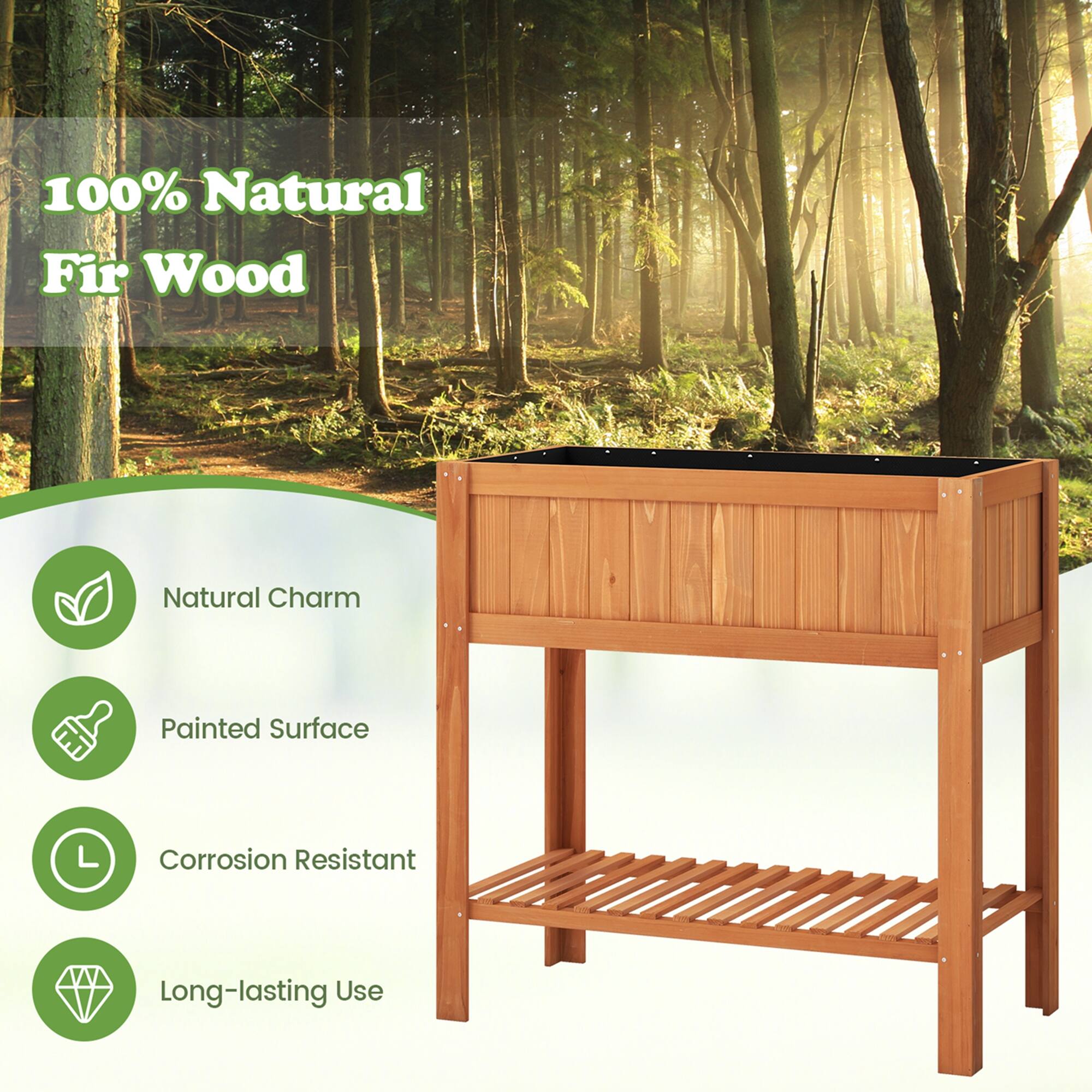 The text on the image reads: "100% Natural Fir Wood Natural Charm Painted Surface Corrosion Resistant Long-lasting Use."