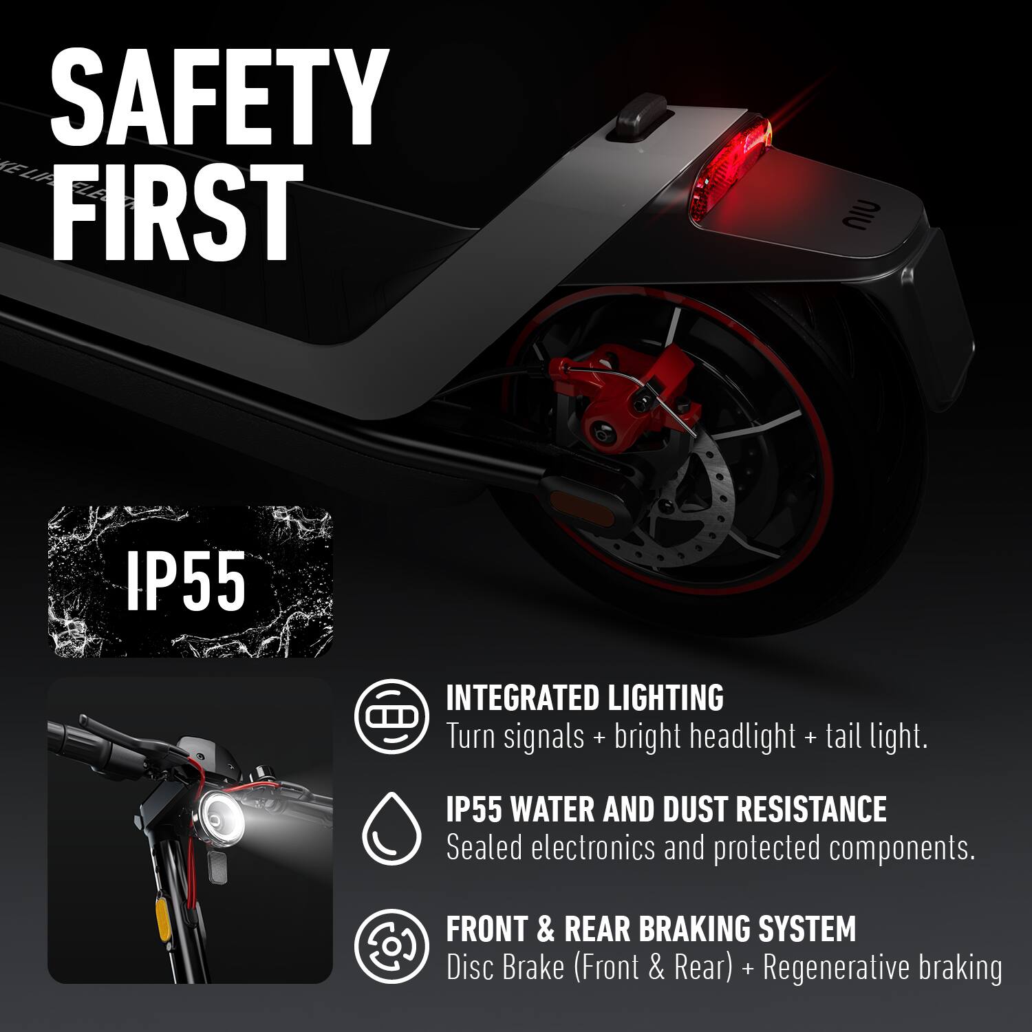 SAFETY FIRST

IP55

INTEGRATED LIGHTING  
Turn signals + bright headlight + tail light.

IP55 WATER AND DUST RESISTANCE  
Sealed electronics and protected components.

FRONT & REAR BRAKING SYSTEM  
Disc Brake (Front & Rear) + Regenerative braking