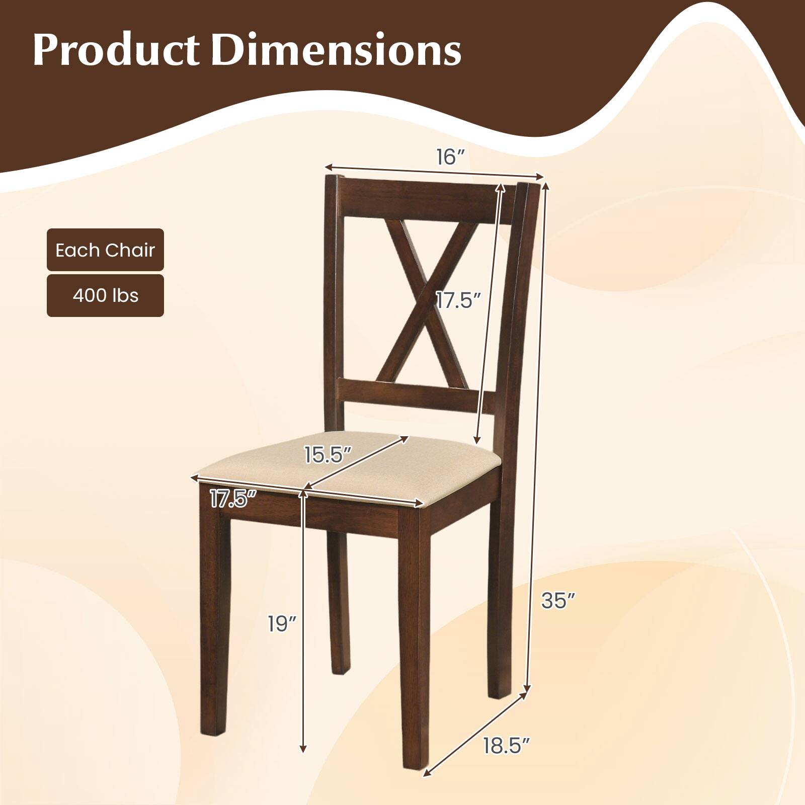 Product Dimensions  
Each Chair  
400 lbs  
16"  
17.5"  
15.5"  
17.5"  
19"  
35"  
18.5"