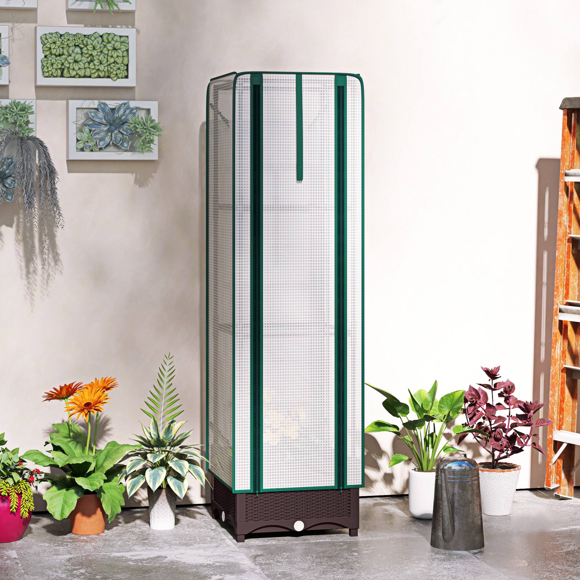 Alt View 7. Outsunny - Plastic Raised Garden Bed with Trellis, Outdoor Planter Box with PE Greenhouse Cover, Drainage Holes and Zipper Door - Brown.