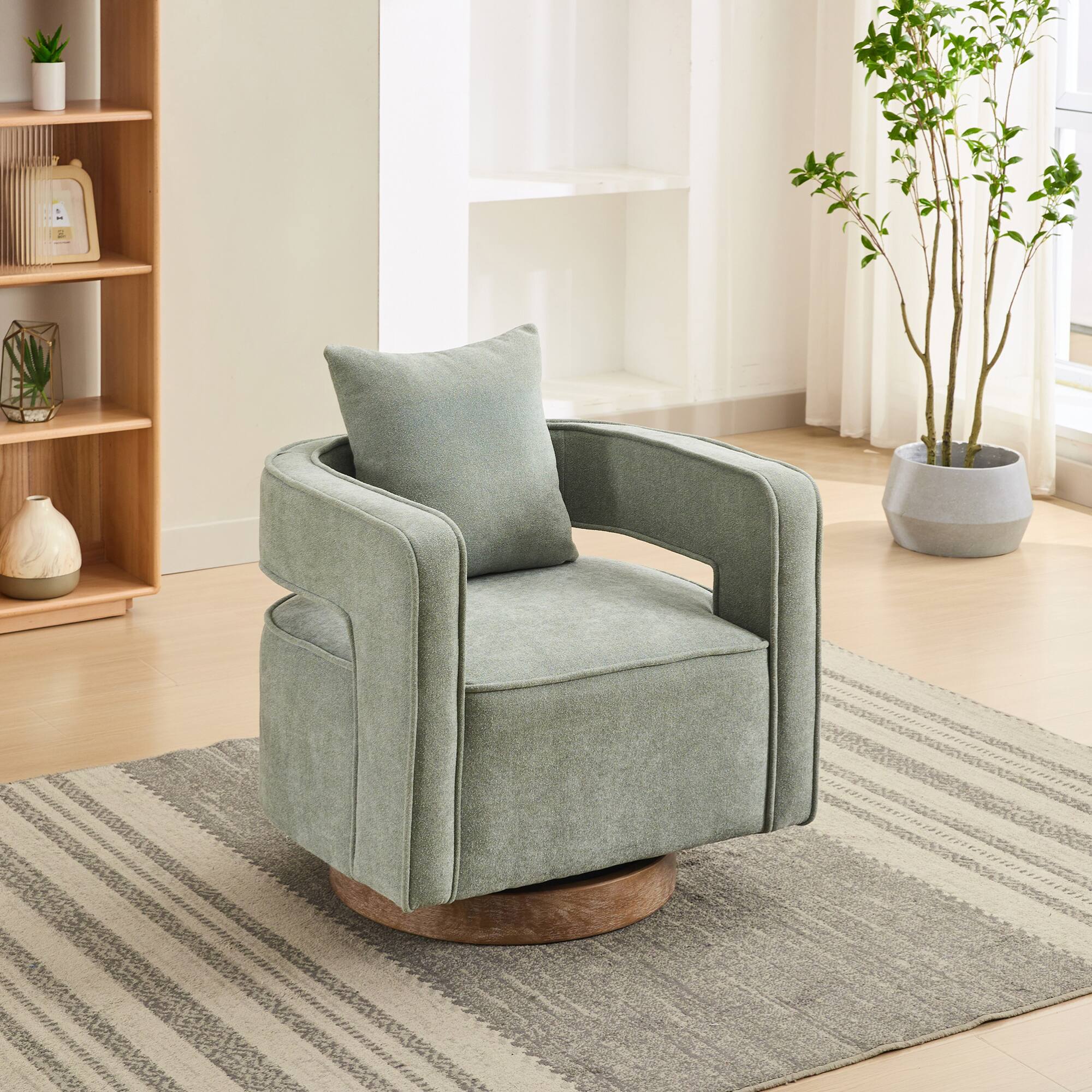 Left. GOODSILO - Modern Swivel Accent Barrel Chair with Weathered Base for Living Room, Bedroom, or Office - Pale Green.