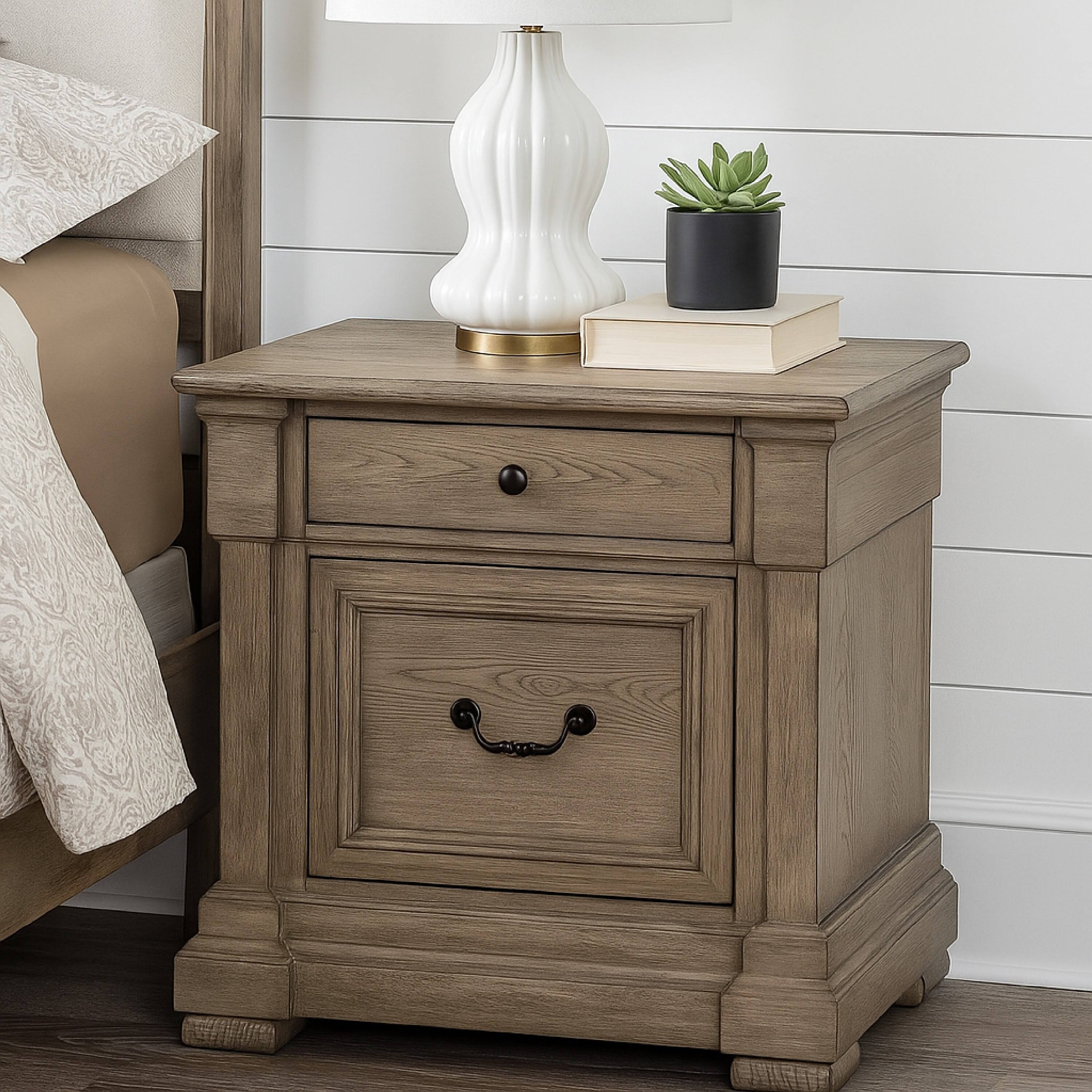 Alt View 5. Manhattan Lane - Roi Nightstand, 2 Drawers, Weathered Gray Solid Wood, 28 Inch - Gray, Dark Bronze.