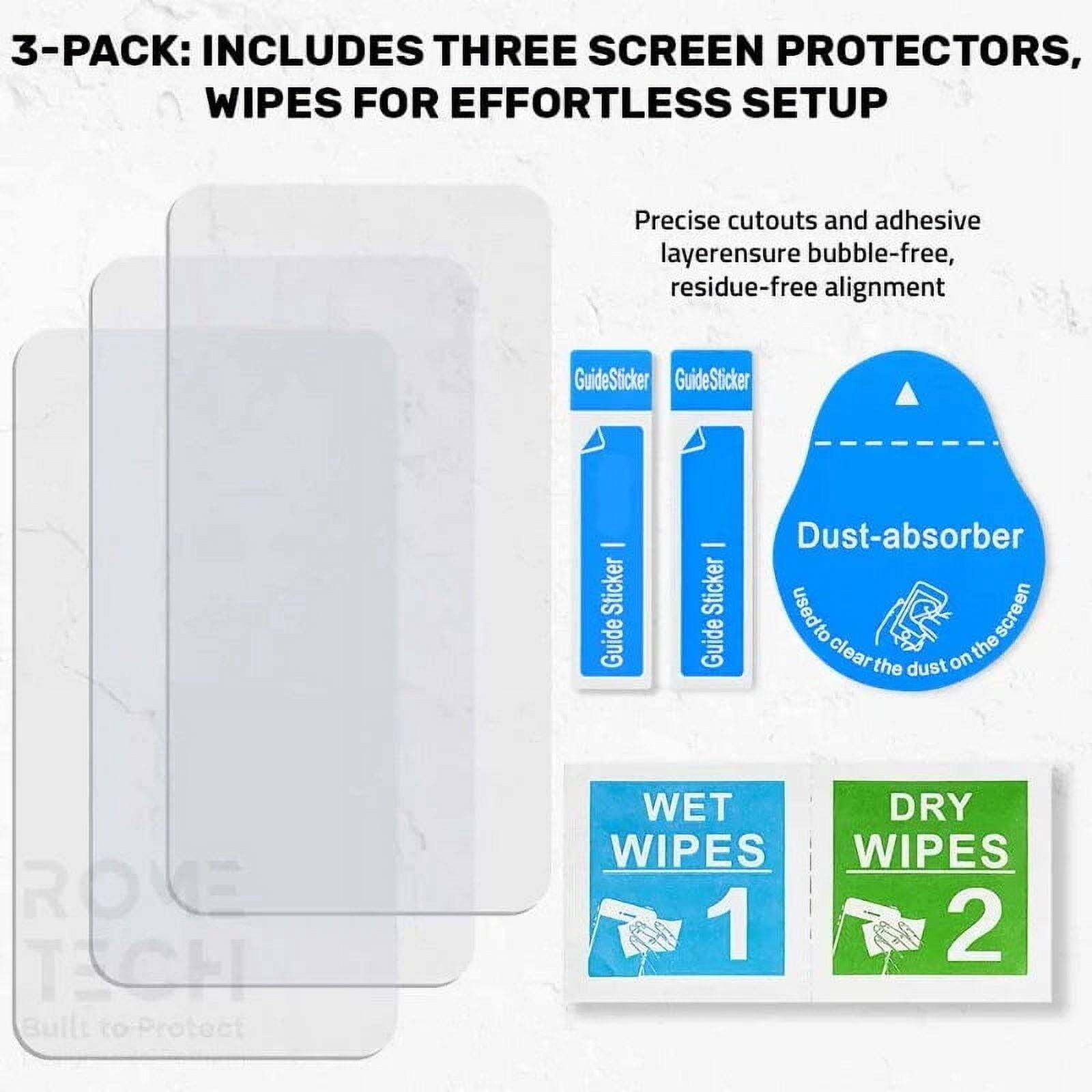 3-PACK: INCLUDES THREE SCREEN PROTECTORS, WIPES FOR EFFORTLESS SETUP

Precise cutouts and adhesive layer ensure bubble-free, residue-free alignment

GuideSticker - Sticker Guide - Dust-absorber Sticker used to clear the dust on the screen

WET WIPES 1

DRY WIPES 2