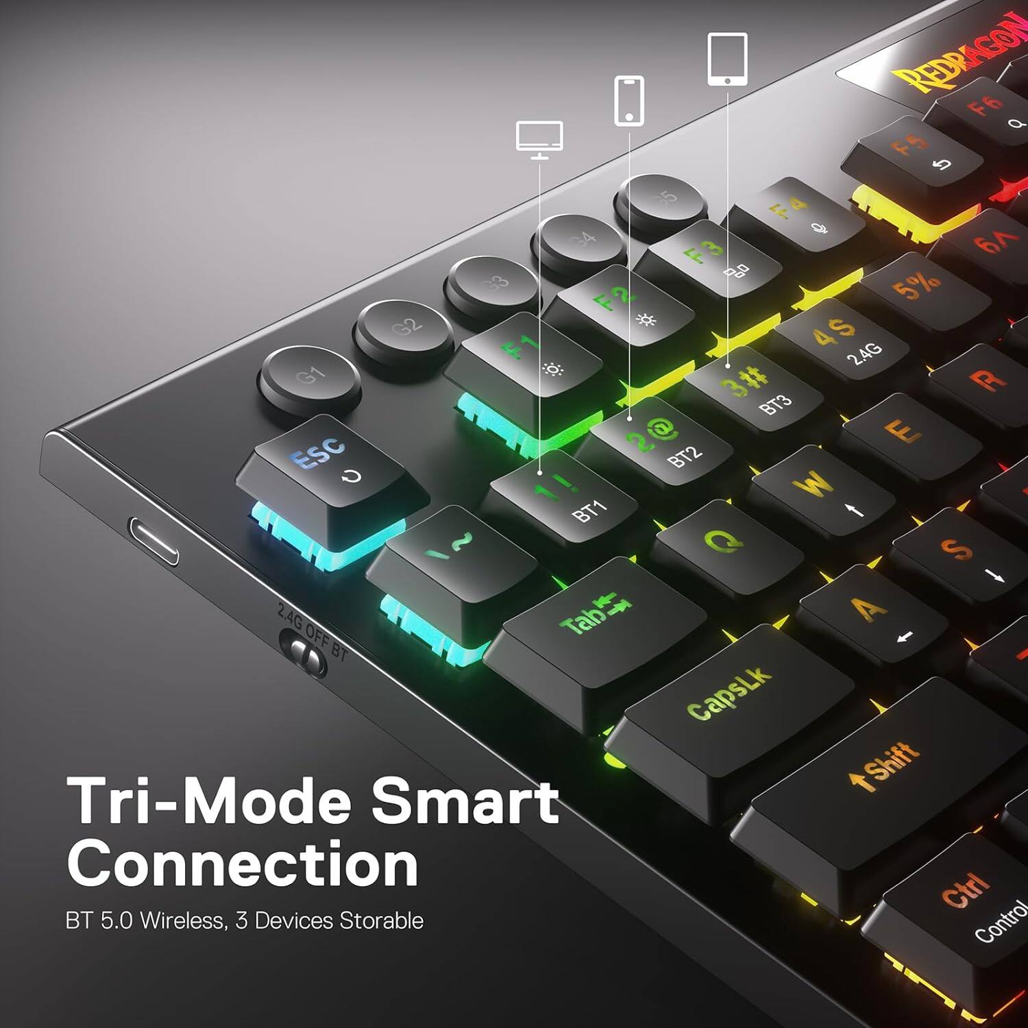 REDRAGON F6 a F5 95 F4 G4 F3 vg G3 F2 5% F1 4$ 2.4G G1 3# R BT3 2@ E ESC c BT2 M BT1 Q S t 2.4G Tab4 A OFF BT CapsLk Shift Tri-Mode Smart Connection BT Storable Ctrl 5.0 Wireless, 3 Devices Control