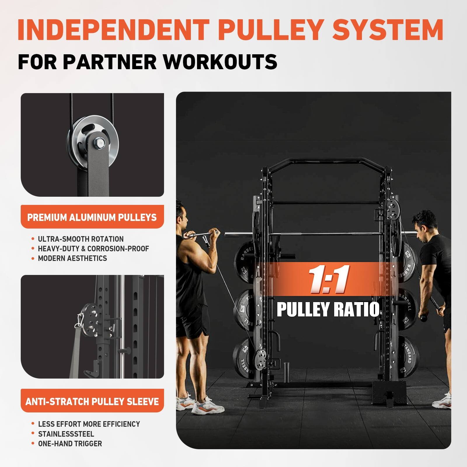 INDEPENDENT PULLEY SYSTEM FOR PARTNER WORKOUTS
PREMIUM ALUMINUM PULLEYS
ULTRA-SMOOTH ROTATION
HEAVY-DUTY & CORROSION-PROOF
MODERN AESTHETICS
1:1 PULLEY RATIO
ANTI-STRATCH PULLEY SLEEVE
LESS EFFORT MORE EFFICIENCY
STAINLESSSTEEL
ONE-HAND TRIGGER