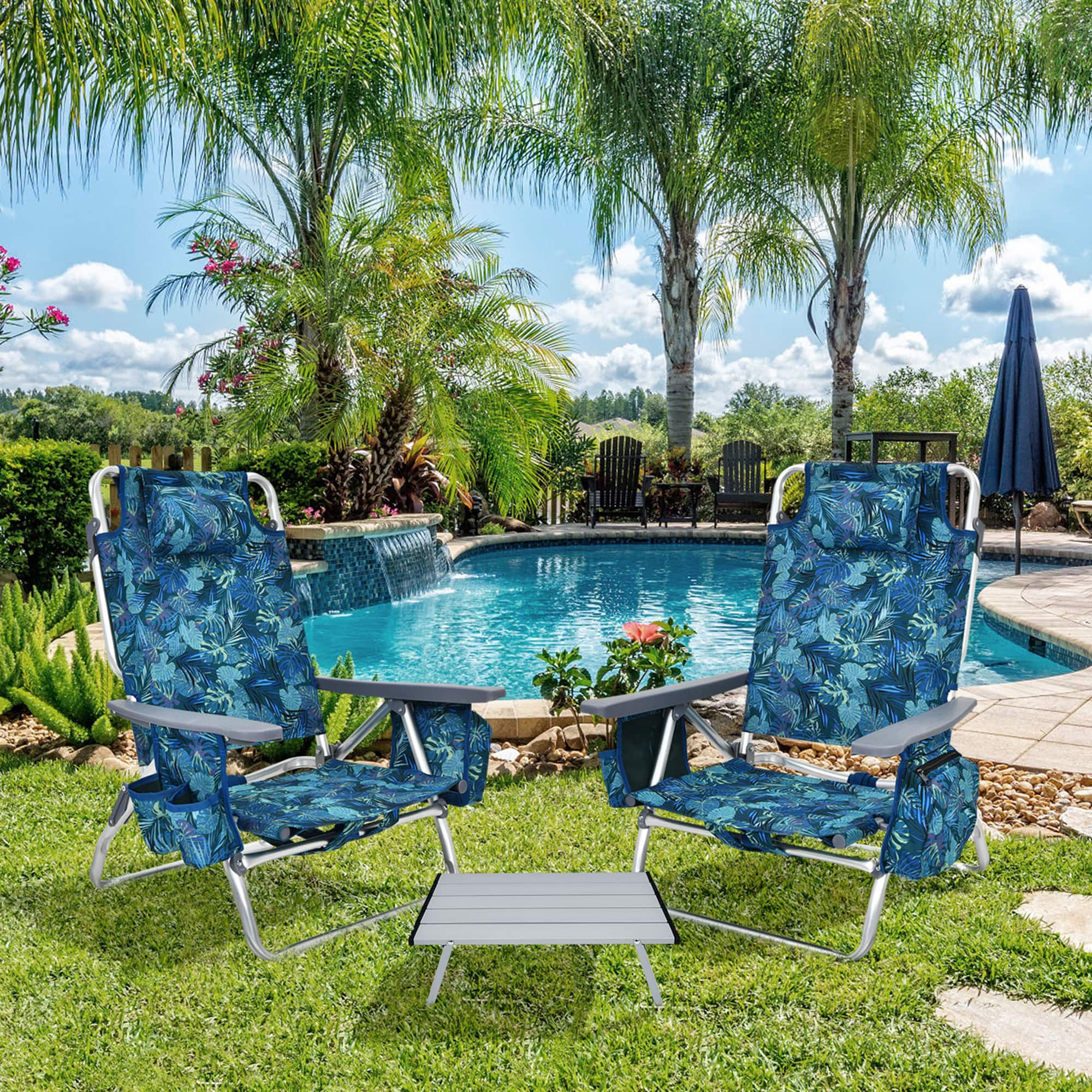 Gymax - 3PCS Folding Beach Chair & Table Set Adjustable Outdoor Reclining Chair - Blue