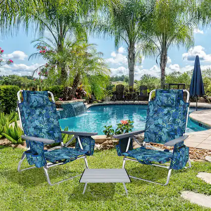 Front. Gymax - Gymax 3PCS Folding Beach Chair & Table Set Adjustable Outdoor Reclining Chair - Blue.
