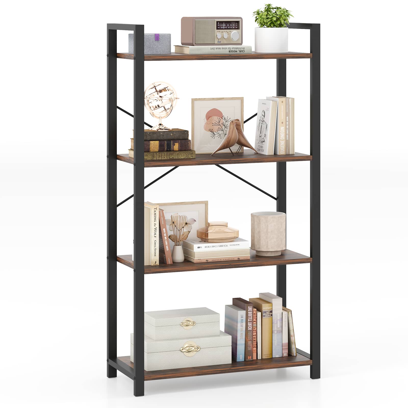 Gymax - 47'' Floor Bookcase w/ Open Shelves Heavy Duty Metal Frame & Anti-Toppling Kits - Rustic Brown, Black