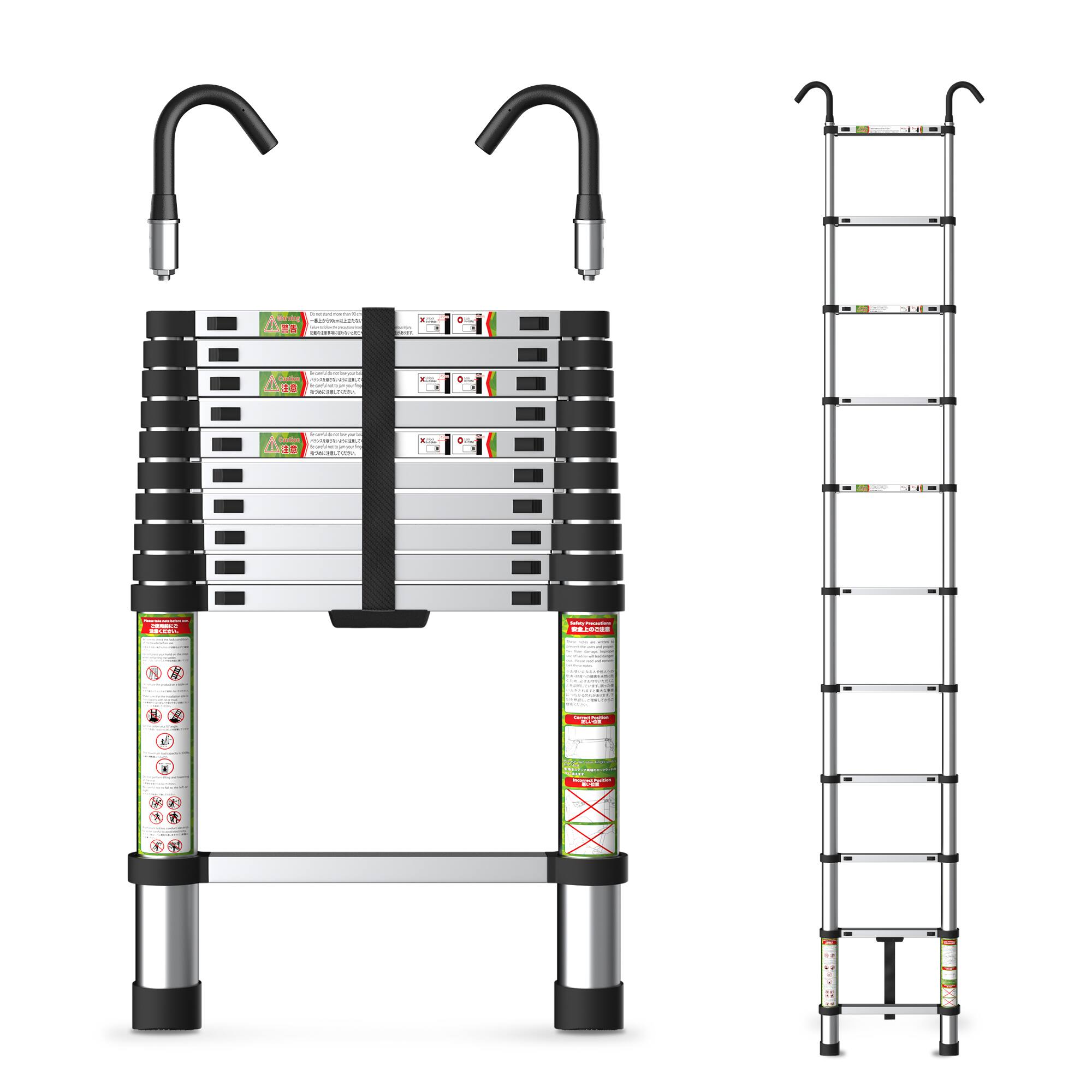 Front. Brick Attic - 10.5FT Aluminum Telescoping Ladder with Non-Slip Feet and Stable Hook, Extension Ladder for Working, 330lb Capacity - Silver.