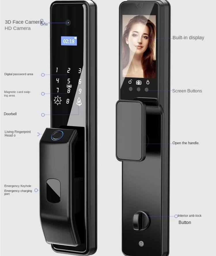 3D Face Camera  
HD Camera

02:18

Digital password area  
Magnetic card swiping area

1 2 3  
4 5 6  
7 8 9  
0

Doorbell

Living Fingerprint Head

Built-in display

Screen Buttons

Emergency Keyhole  
Emergency charging port

Open the handle.

Interior anti-lock Button
