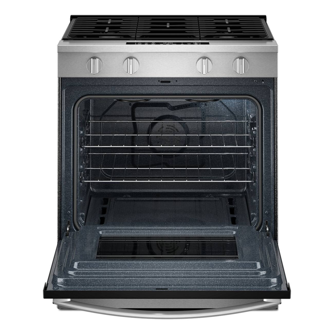 Angle. Whirlpool - 30 in. Wide 4 burners 5.0 cu. ft. Smart Freestanding Slide-In Gas Range with Air Cooking Technology and Steam Clean - Stainless Steel.