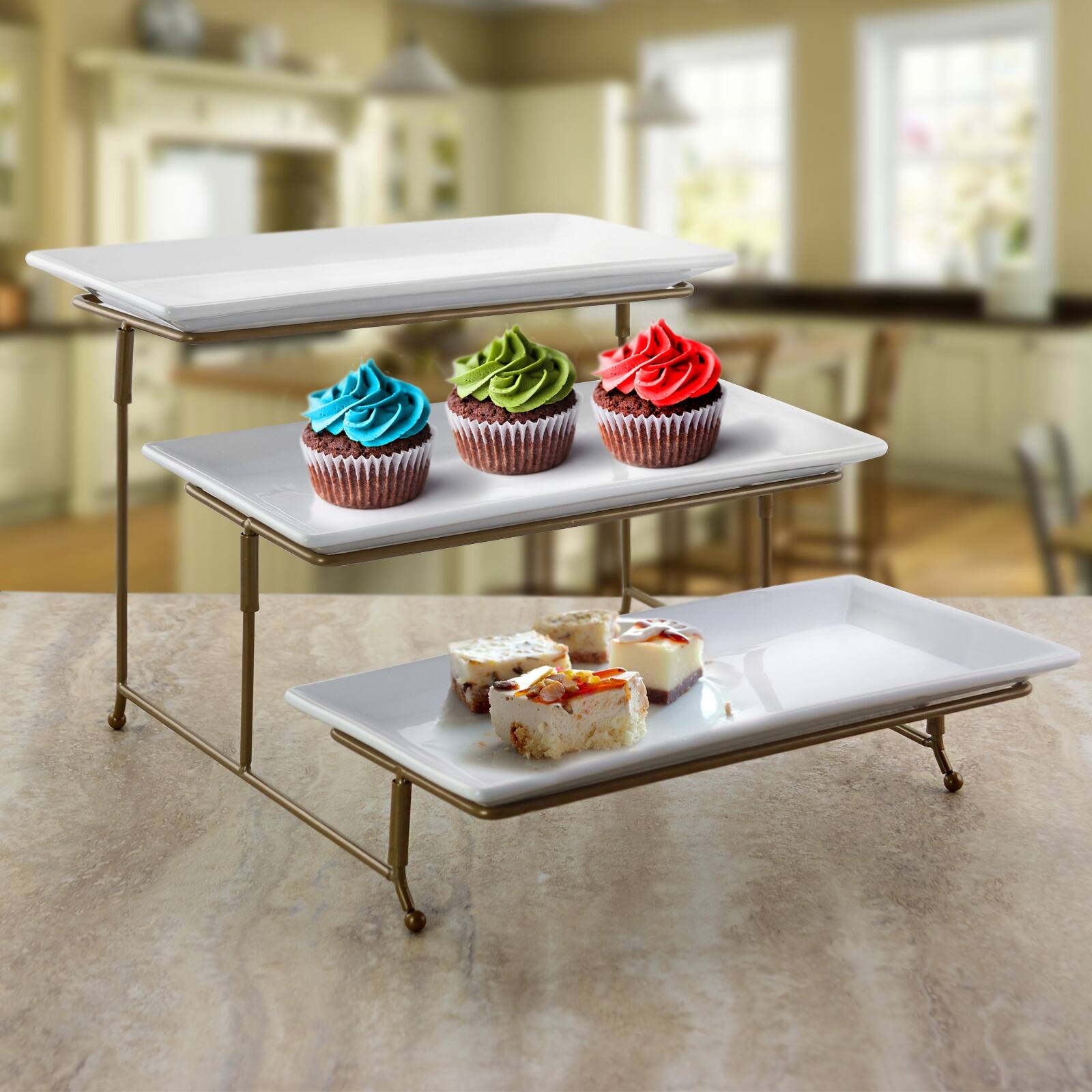 Alt View 3. Gibson - Gibson Elite Gracious Dining 3 Tiered Rectangle Porcelain Plate Set with Gold Metal Stand - White.