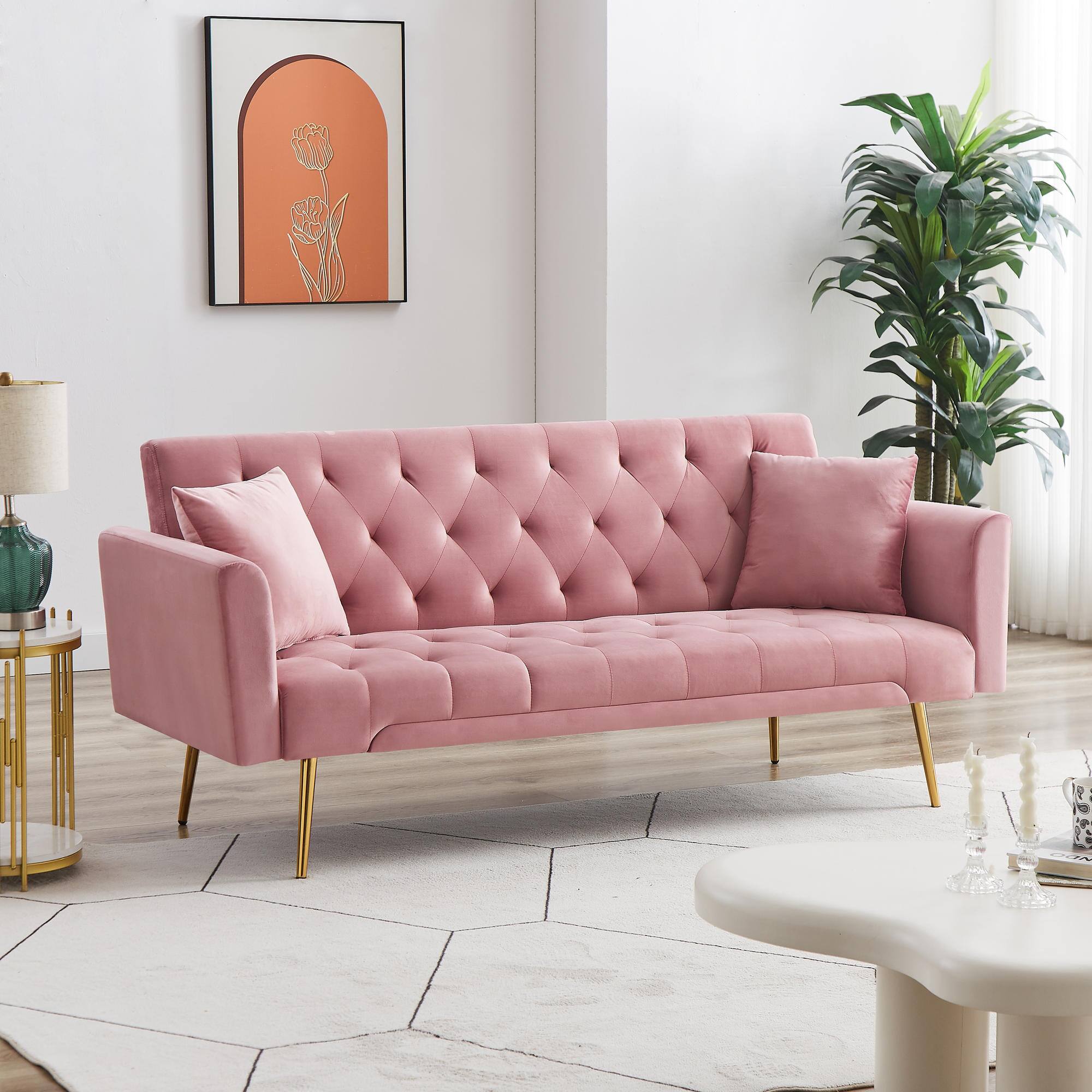 Alt View 2. Meqiodas - Convertible Sofa Bed Modern Futon Set, Velvet Foldable Reclining Loveseat, Three Adjustment Angles, Easy Assembly - PINK.