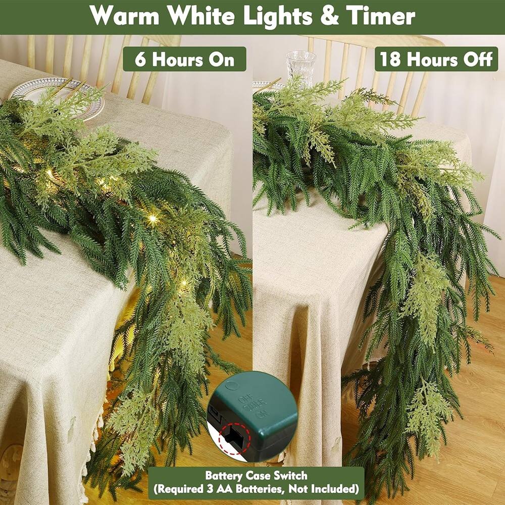 Warm White Lights & Timer  
6 Hours On  
18 Hours Off  

Battery Case Switch  
(Required 3 AA Batteries, Not Included)