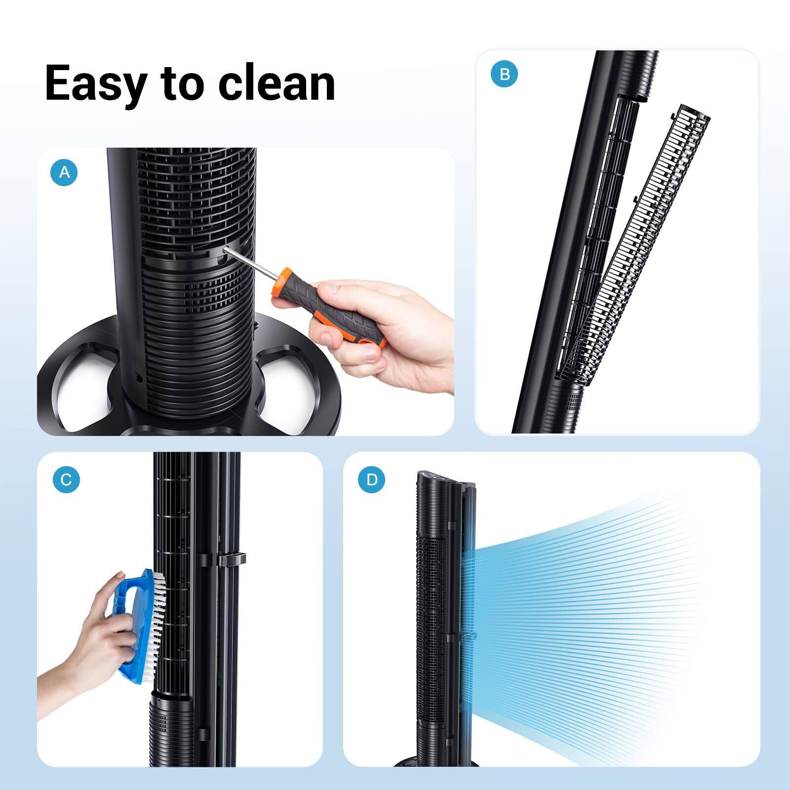 Easy to clean

A. Use a screwdriver to remove the front panel.

B. Detach the filter.

C. Clean the filter with a brush.

D. Reattach the filter and front panel.