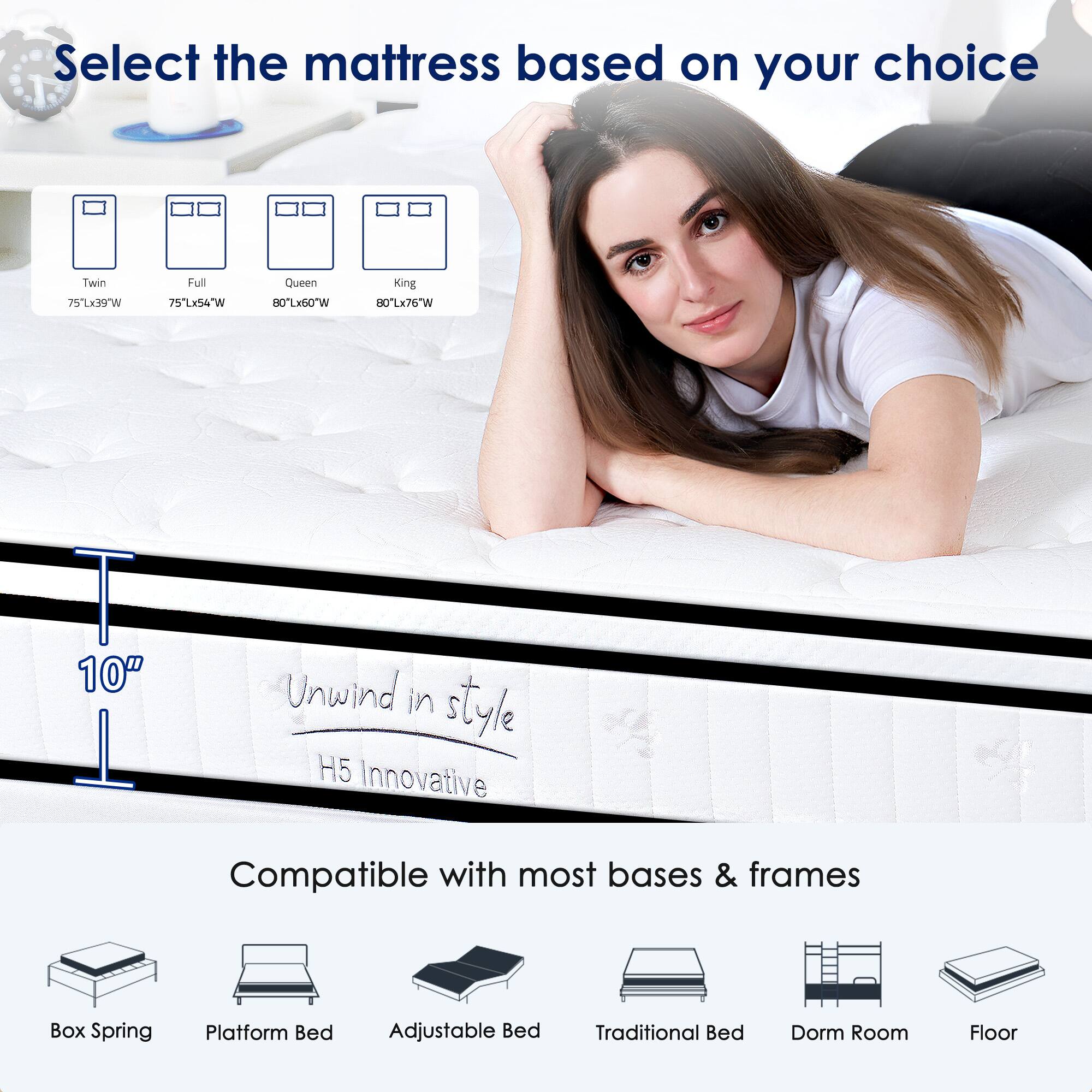 Select the mattress based on your choice

- Twin: 75"L x 39"W
- Full: 75"L x 54"W
- Queen: 80"L x 60"W
- King: 80"L x 76"W

10" Unwind in style  
H5 Innovative

Compatible with most bases & frames

- Box Spring
- Platform Bed
- Adjustable Bed
- Traditional Bed
- Dorm Room
- Floor