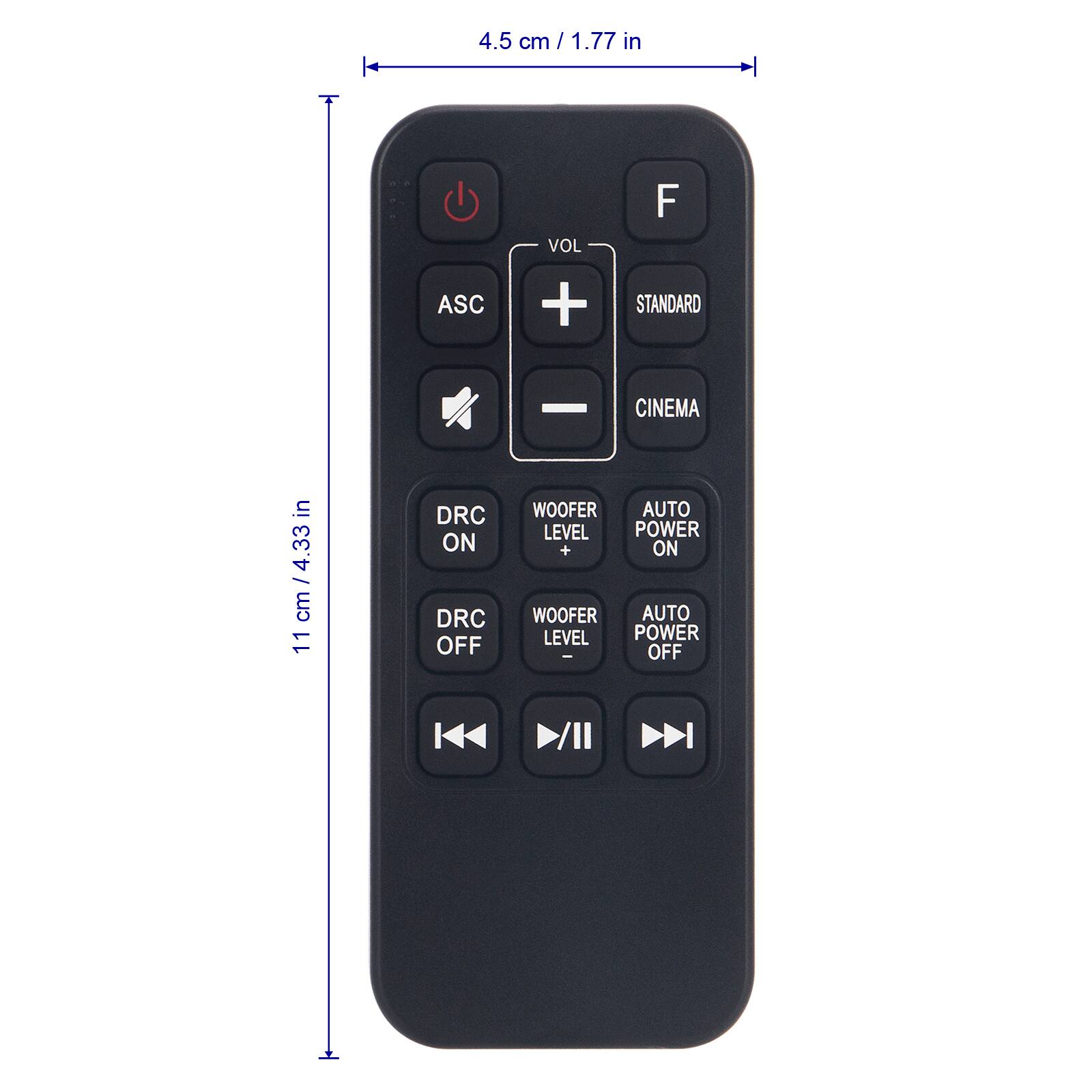 4.5 cm / 1.77 in

ASC

VOL + / VOL -

STANDARD / CINEMA

DRC ON / DRC OFF

WOOFER LEVEL + / WOOFER LEVEL -

AUTO POWER ON / AUTO POWER OFF