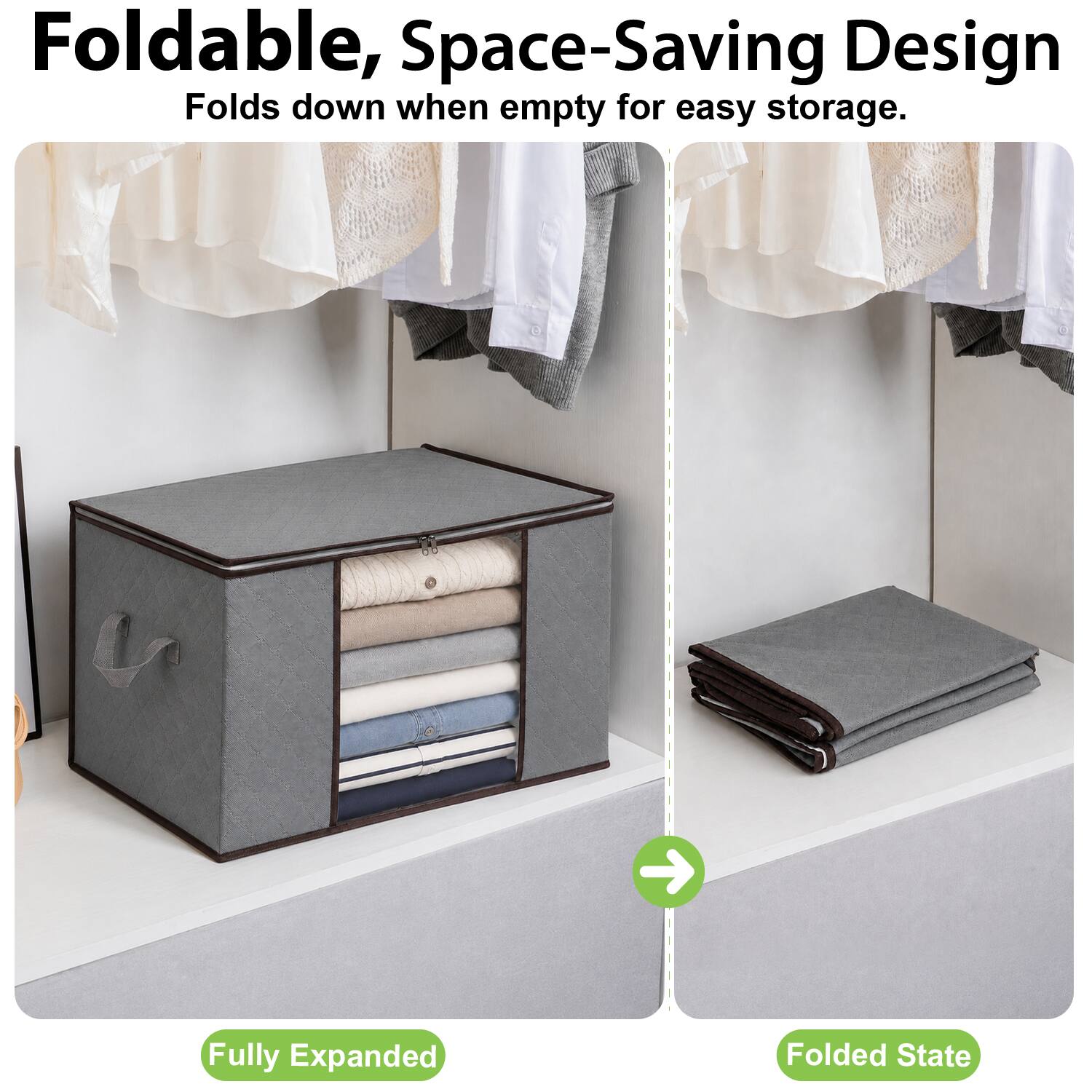 Foldable, Space-Saving Design  
Folds down when empty for easy storage.  

Fully Expanded  
Folded State