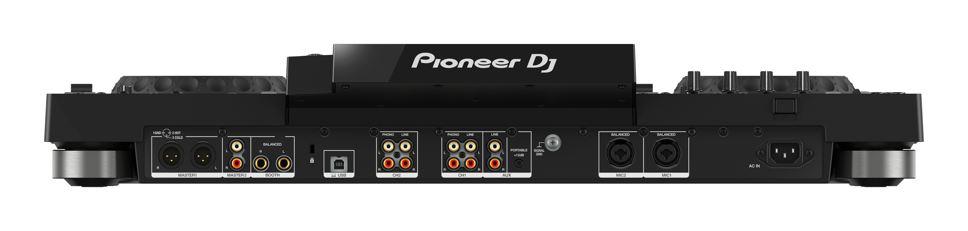 Pioneer DJ

1GND 2HOT 3COLD

MASTER1 R L

MASTER2 R L

BALANCED R L

BOOTH R L

USB

CH2

CH1

PHONO LINE R L

AUX R L

PORTABLE +12VDC

SIGNAL GND

BALANCED R L

MIC2

MIC1

AC IN