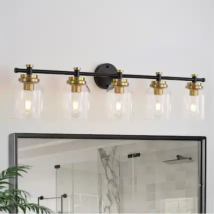Front. RYHNUYNE - 5 Lights Bathroom Vanity Light Black Gold Bathroom Light Fixture Over Mirror Lighting Fixtures with Clear Glass Shade - Black.