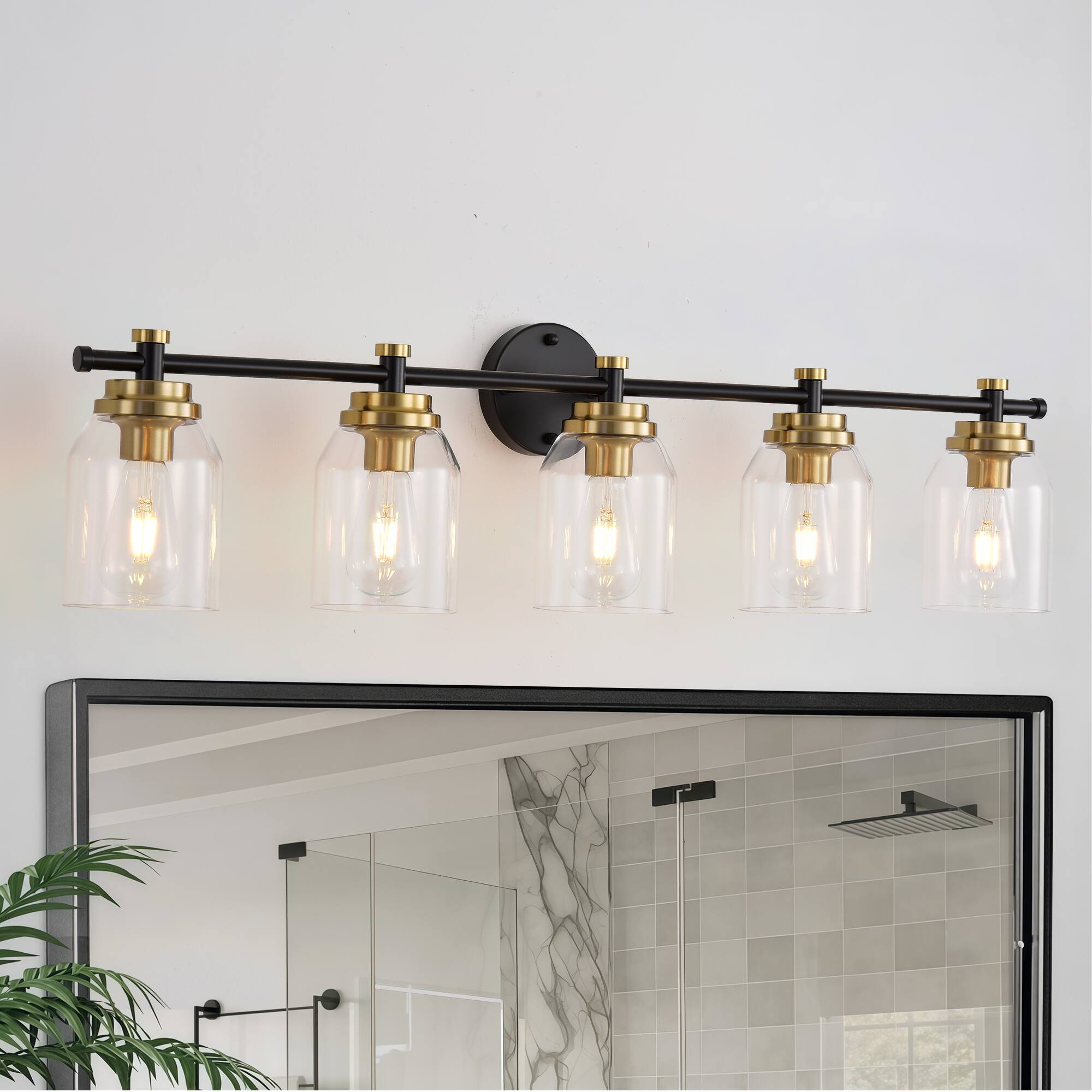 RYHNUYNE - 5 Lights Bathroom Vanity Light Gold Bathroom Light Fixture Over Mirror Lighting Fixtures with Clear Glass Shade - Black