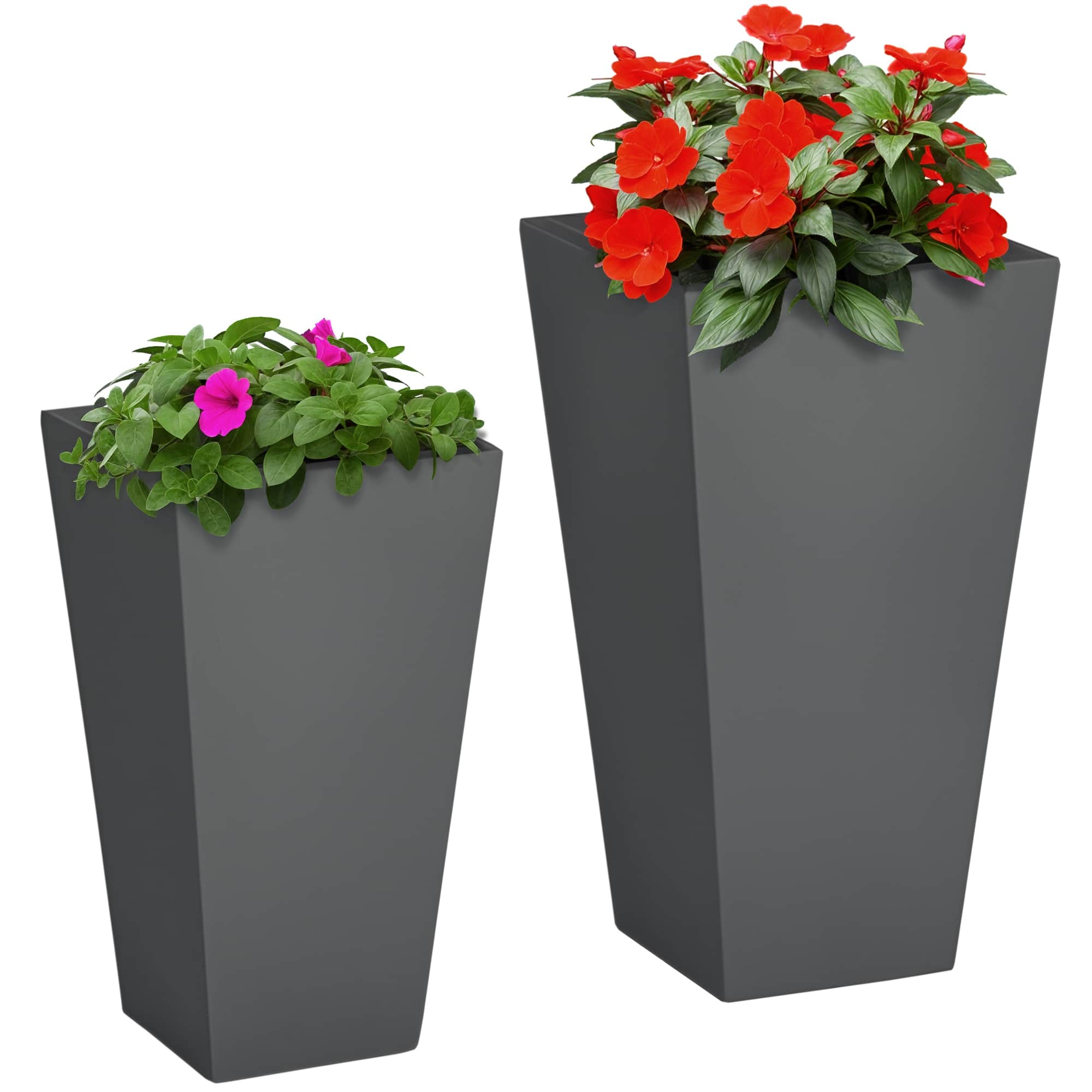 Outsunny - 2-Pack Outdoor Planter Set, Flower Pots with Drainage Holes, Durable & Stackable Plant Pot, 22in & 18in - Gray