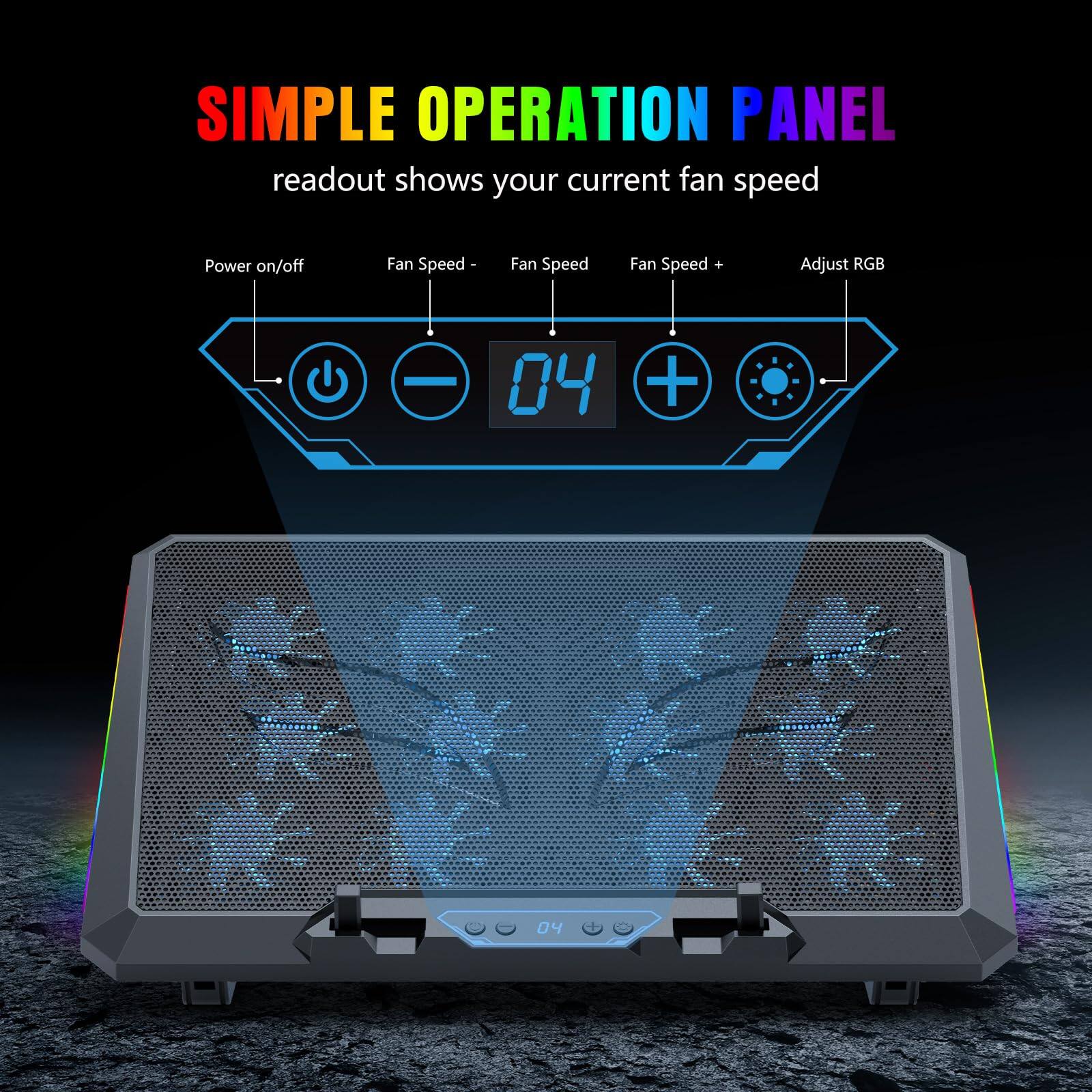 SIMPLE OPERATION PANEL  
readout shows your current fan speed

- Power on/off
- Fan Speed -
- Fan Speed
- Fan Speed +
- Adjust RGB