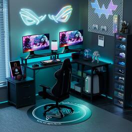 CloudRest Pro - 70 Inch Office Desk Reversible L Shaped Computer Desks with File Drawers&Power Outlet, LED Lights - Black