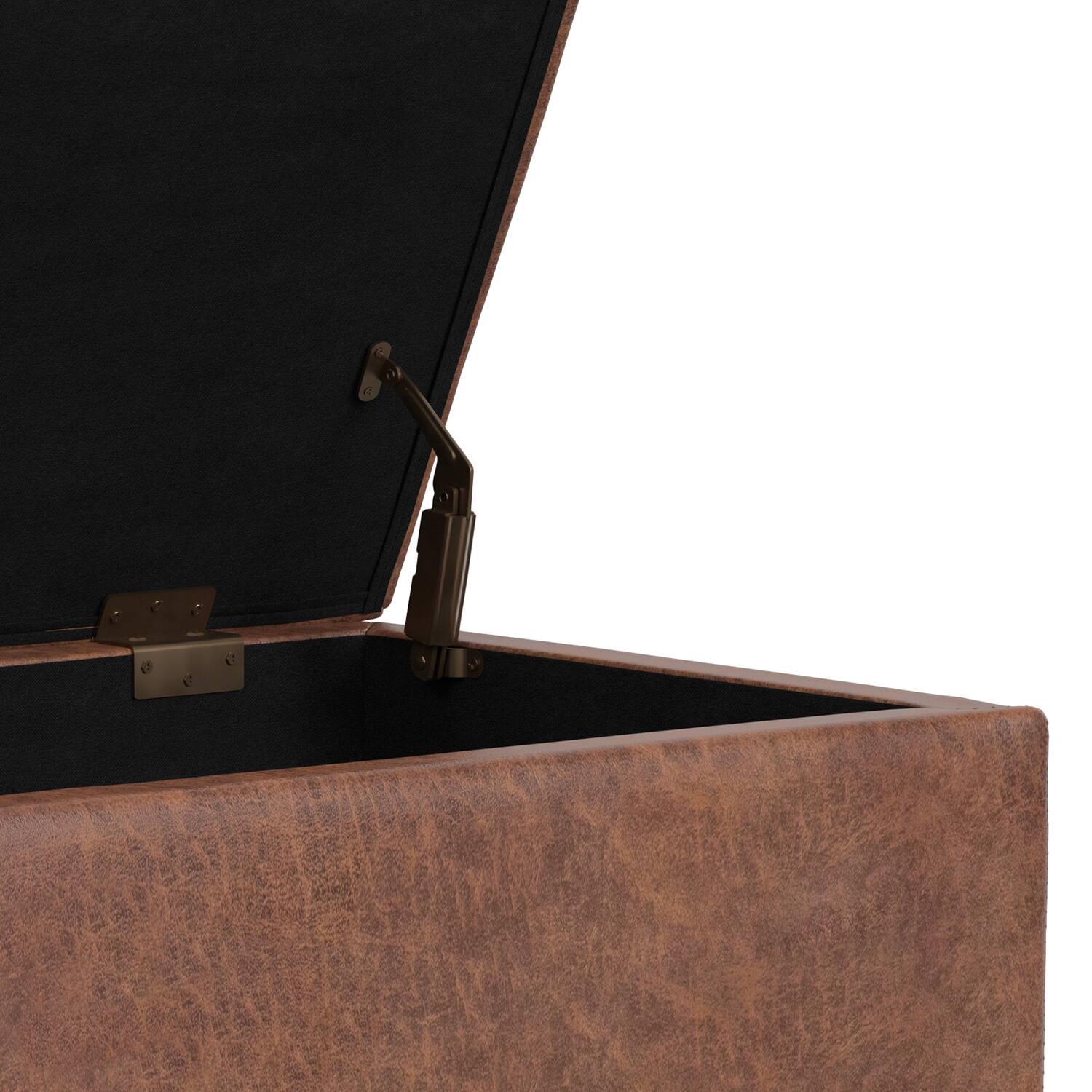 Alt View 6. Simpli Home - Shiloh 26 inch Transitional Contemporary Small Storage Ottoman in Distressed Saddle Brown Vegan Faux Leather, Assembled - Distressed Saddle Brown.