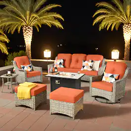 Ovios - 7 PCS Patio Furniture Set 3 Seat Sofa with Swivel Chair Side Table & 42" Fire Pit Table - Coarse Orange Red