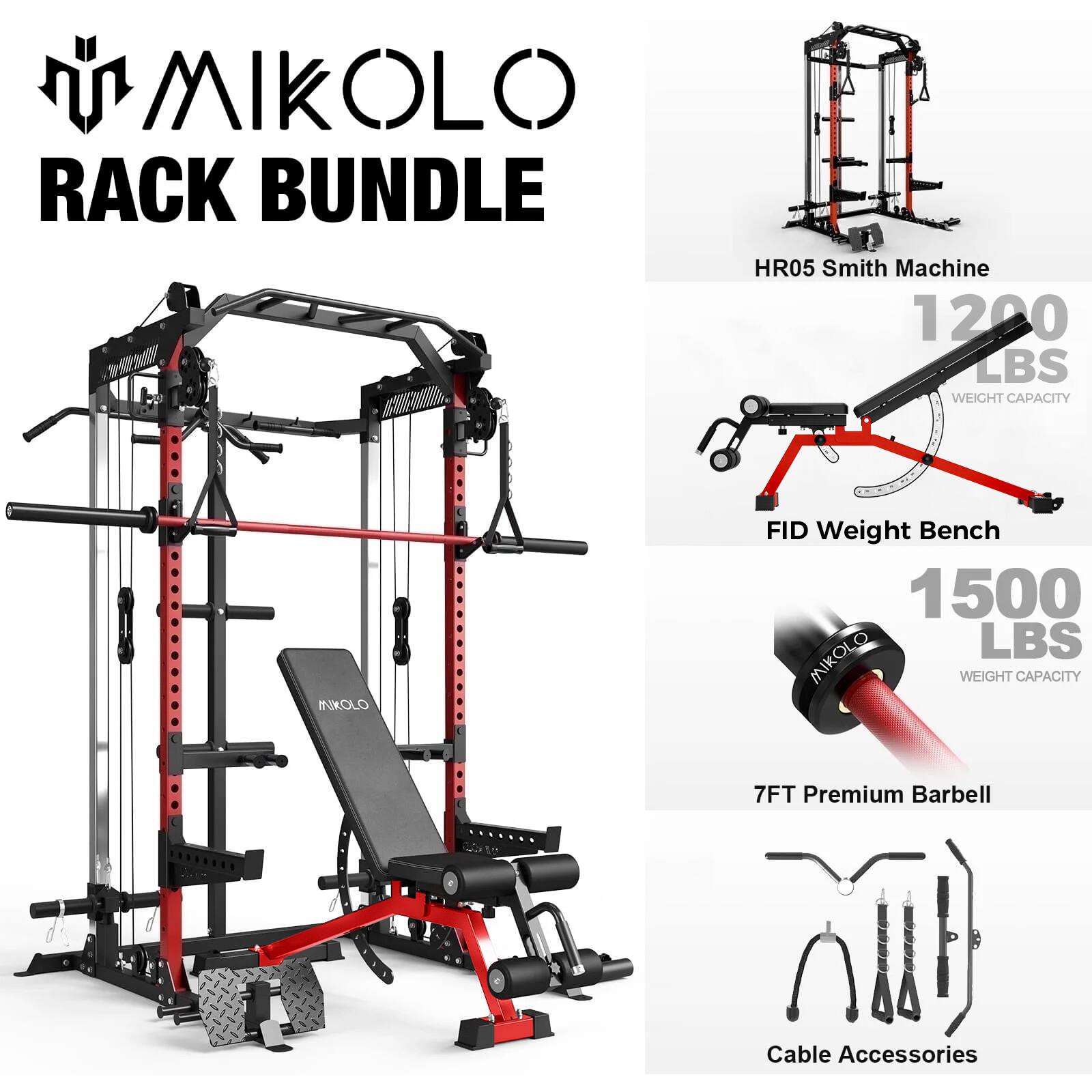 MIKOLLO RACK BUNDLE  
HR05 Smith Machine 1200 LBS WEIGHT CAPACITY  
FID Weight Bench 1500 LBS WEIGHT CAPACITY  
7FT Premium Barbell  
Cable Accessories