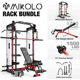 Mikolo - Power Rack Cage, Weight Rack,Multi-Function Squat Rack with J Hooks,Dip Bars and Landmine - Red