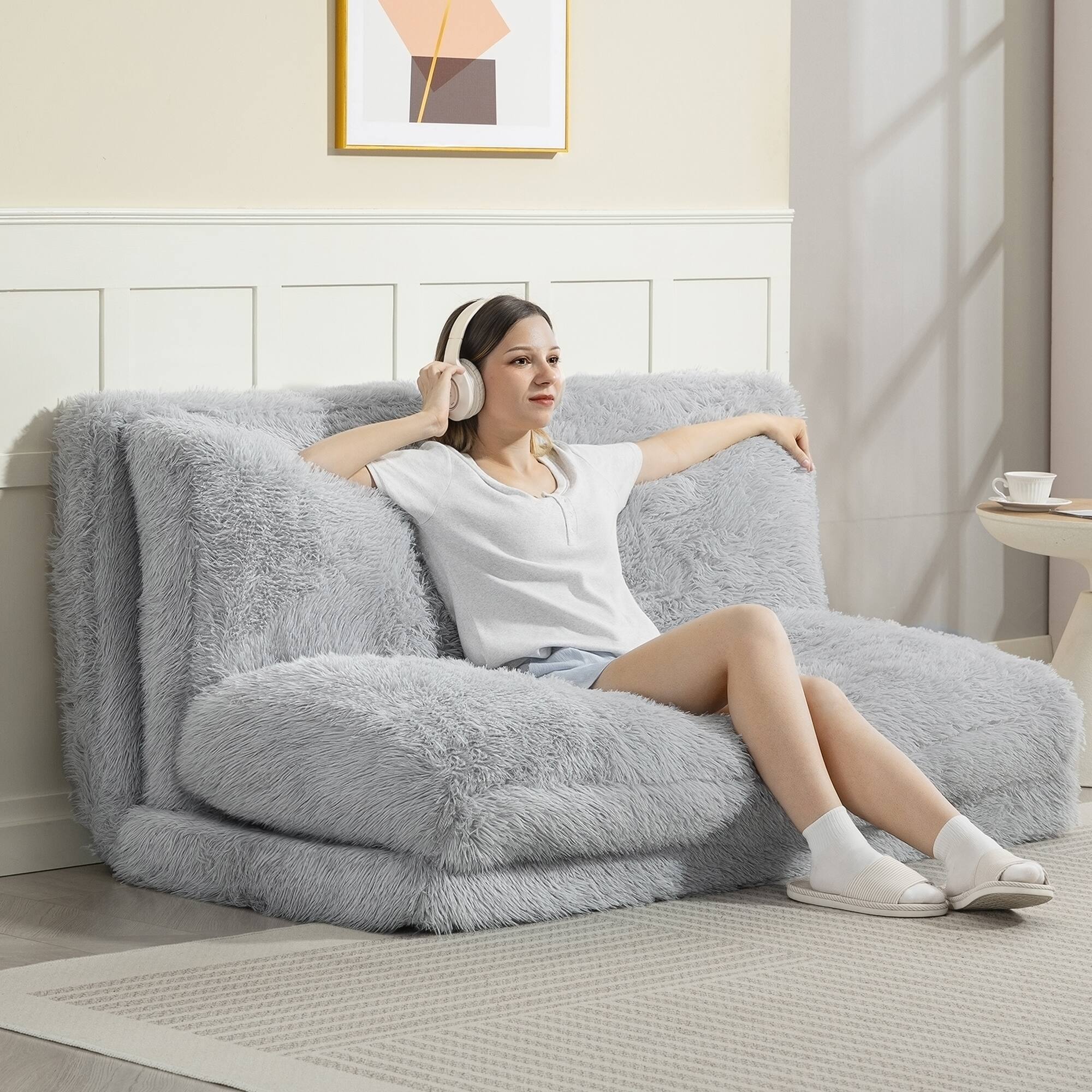 Alt View 1. Homcom - Bag Floor Sofa Bed, Contemporary Plush Wide Folding Floor Mattress, Foam Filling Wall Couch Sleeper - Light Gray.