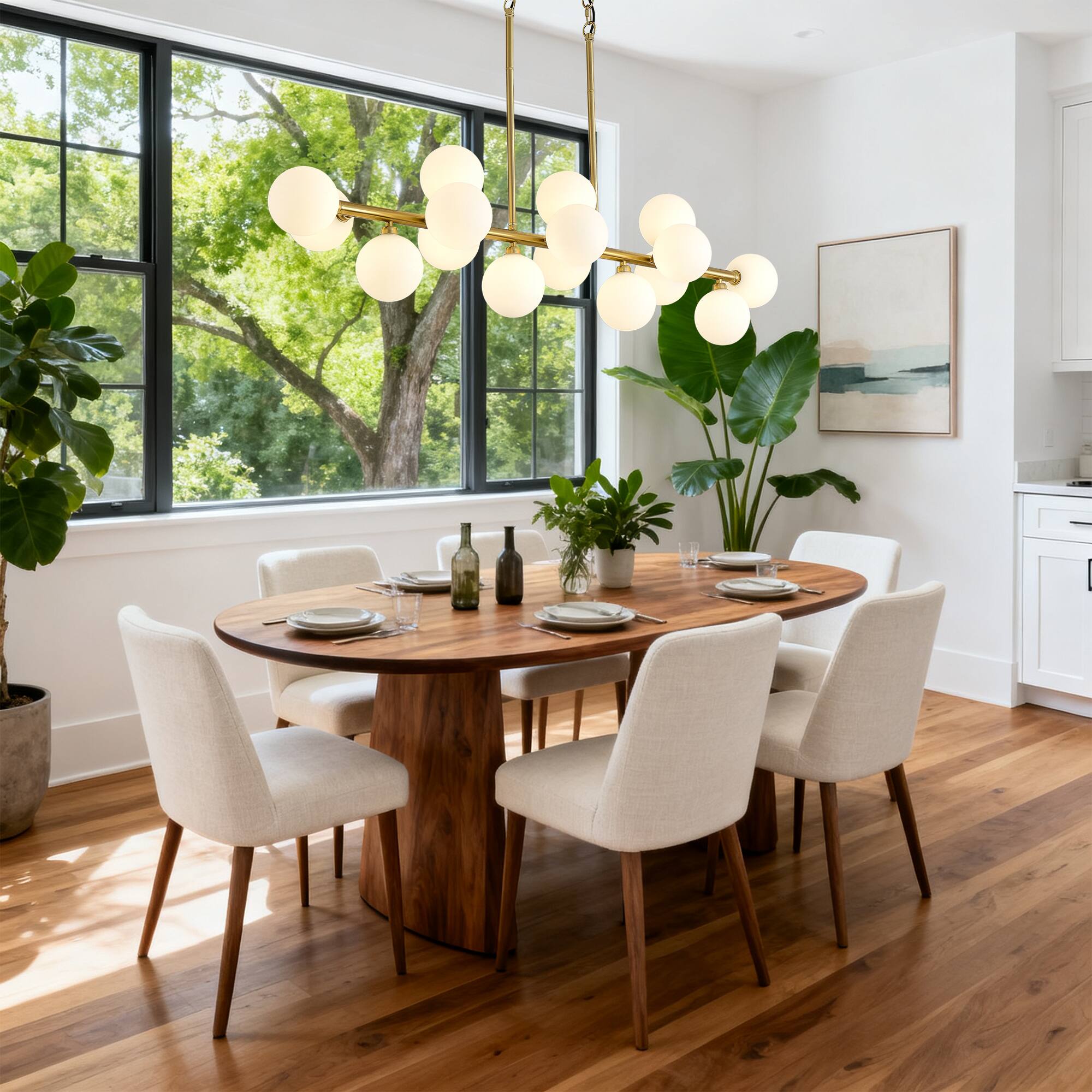 Angle. RYHNUYNE - 55 Inch Linear Sputnik Chandelier 16-Light Pendant with Cream Opaline Glass Globes Mid-Century Kitchen Island Lighting.